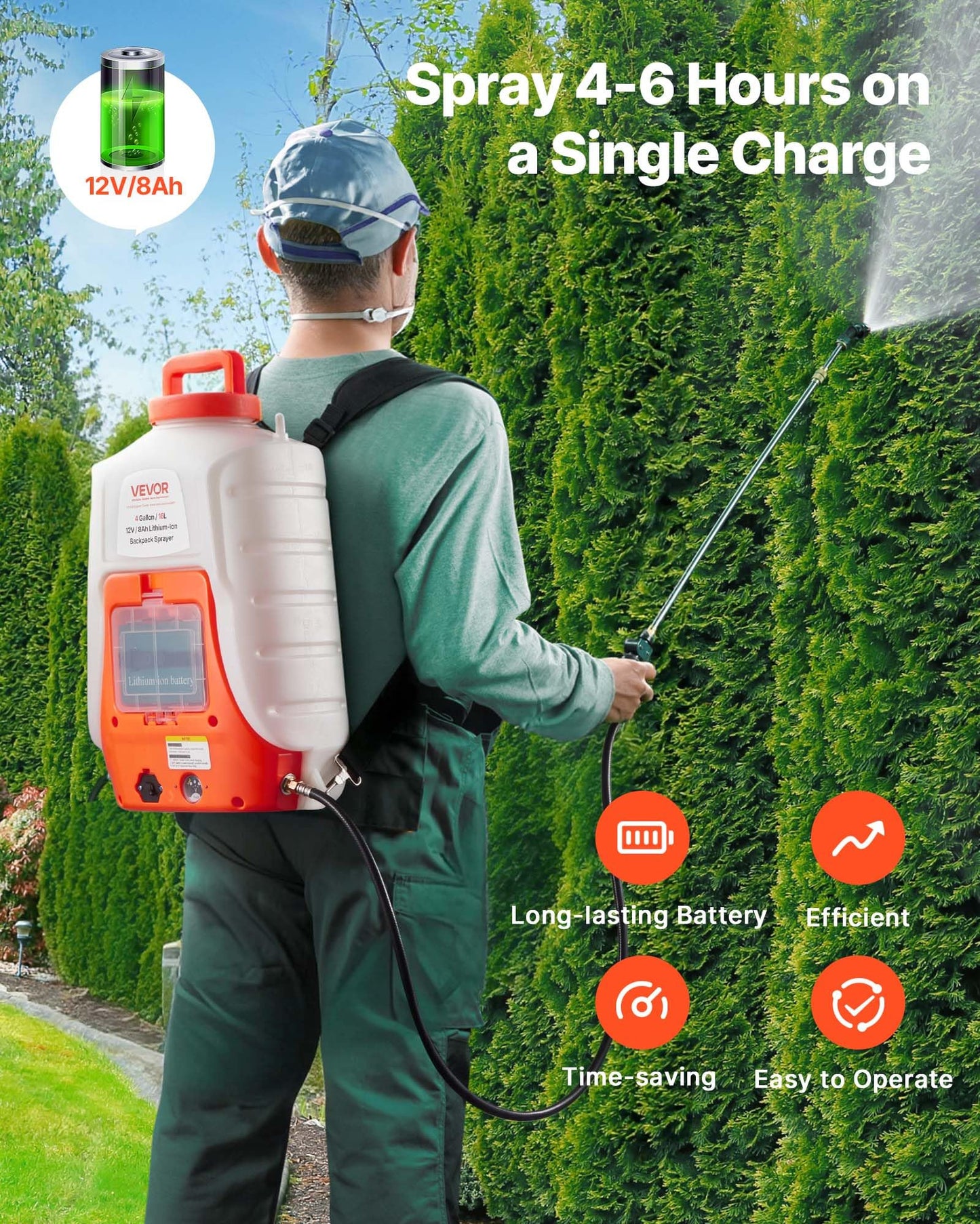 VEVOR Battery Powered Backpack Sprayer, 4 Gallons Electric Lawn Sprayer with 8 Nozzles & 2 Telescopic Wands, 90PSI Adjustable Pressure, 4-6 Hour Runtime, Yard Sprayers for Lawn and Garden