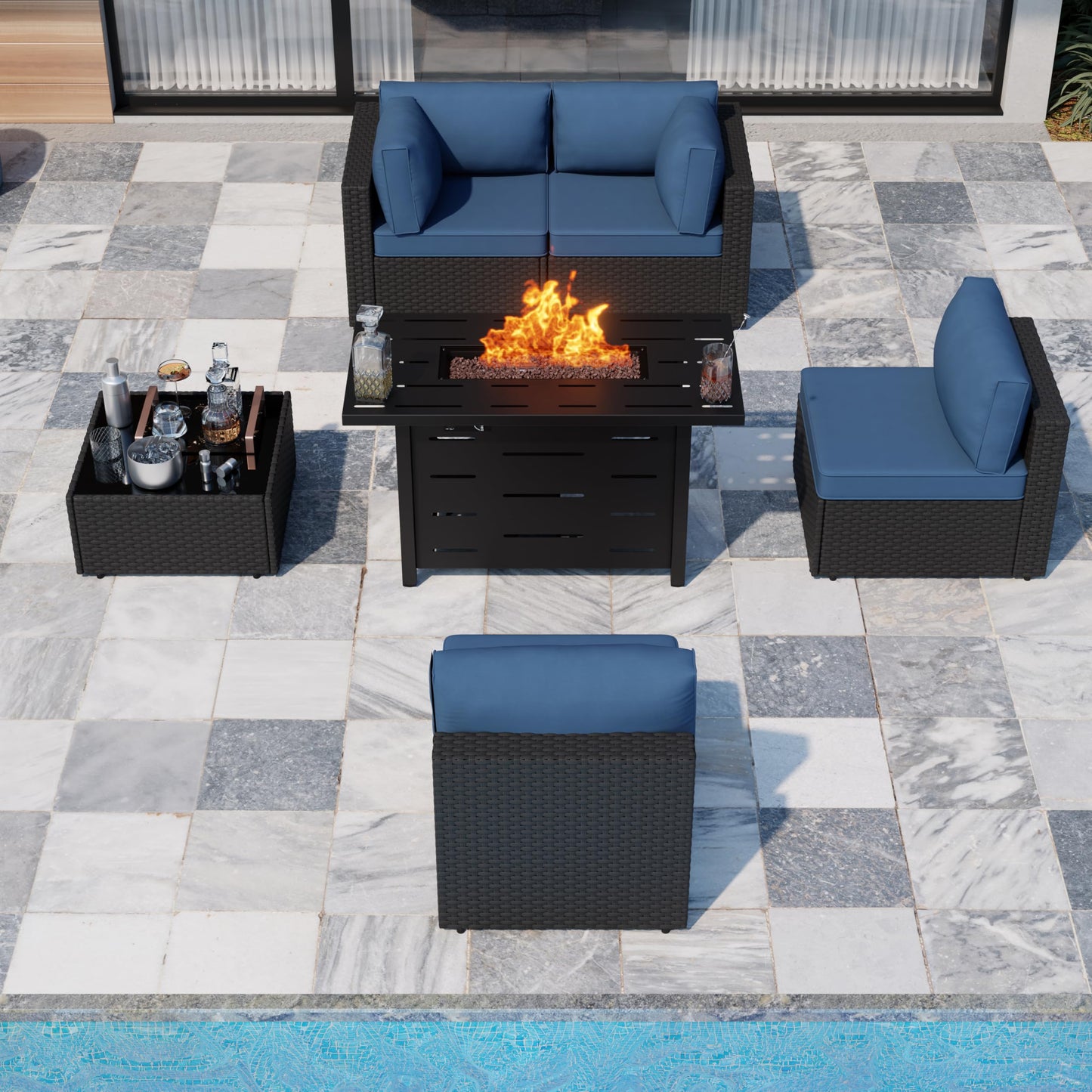 SUNLEI 5 Piece Outdoor Patio Furniture Set with Fire Pit Table, Black PE Rattan Wicker Conversation Sofa Set with Blue Cushions, All Weather Sectional Patio Couch for Backyard, Deck, Garden, Porch