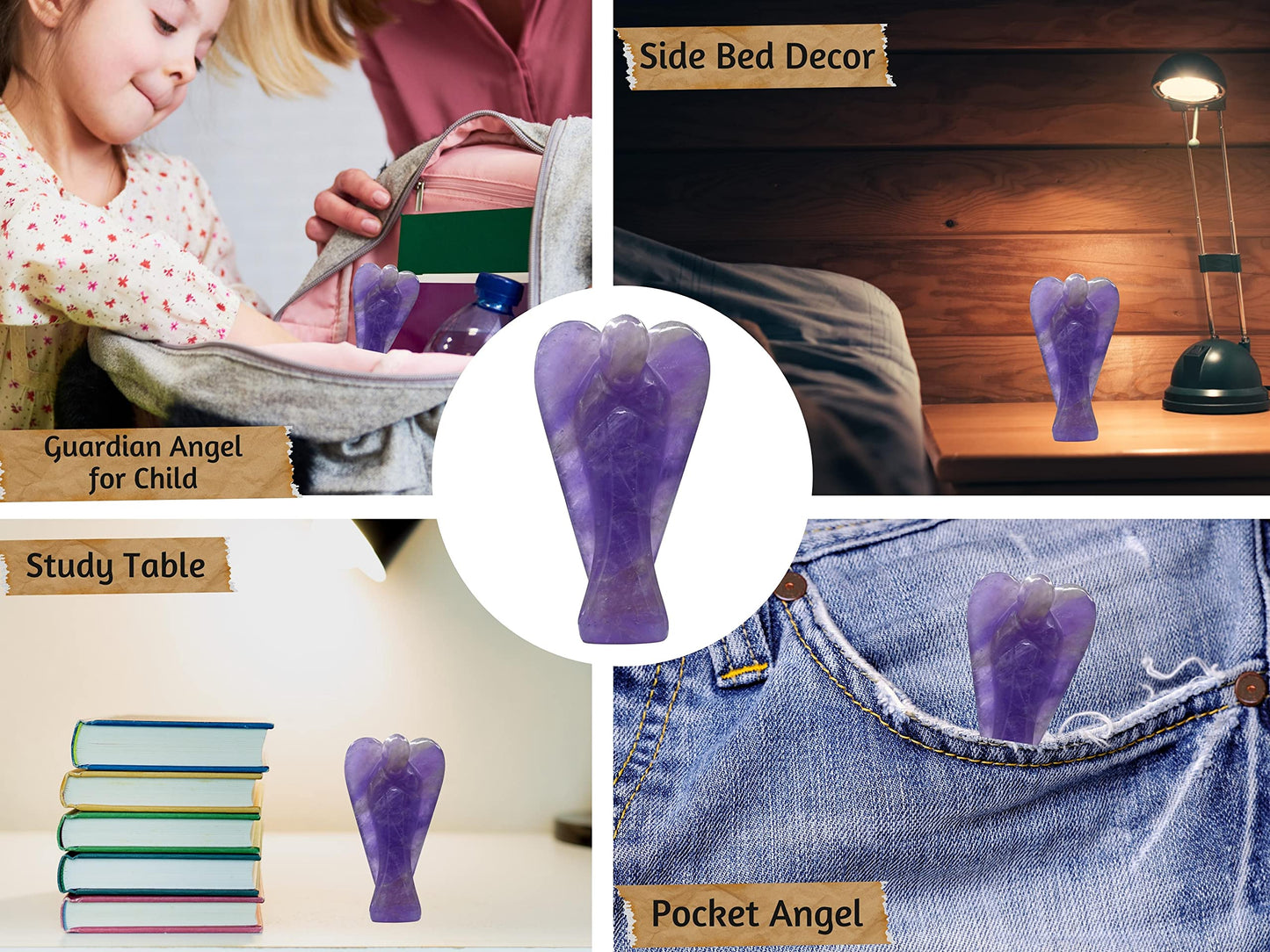 Amethyst Crystal Guardian Angel Figurines Ornament for Healing Birthstone, Decoration Statue (Hand Carved Pocket Gemstone Angel, 3 Inch)