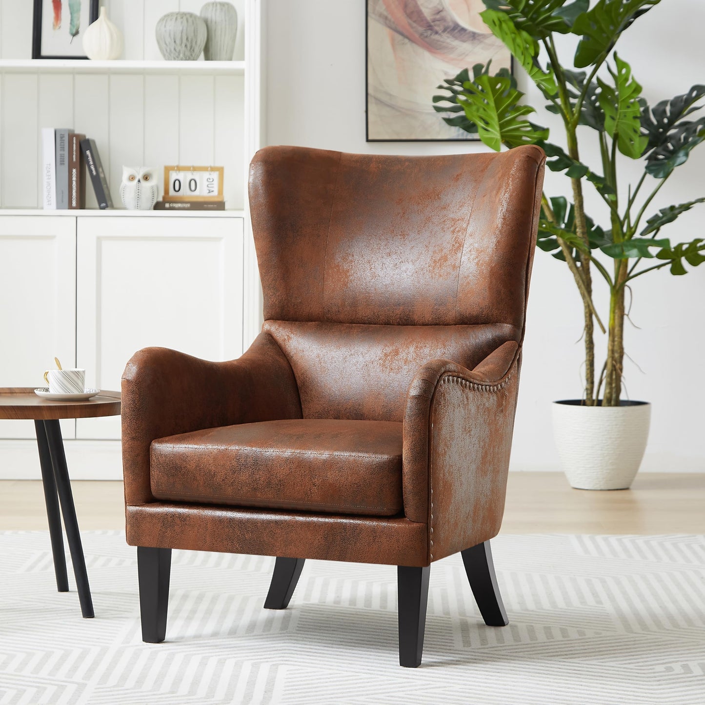 Christopher Knight Home Elber Mid-Century Modern Wingback Accent Chair, Faux Suede Upholstered Club Chair with Cushion, Wooden Living Room Lounge Chair for Reading, Relaxation, Brown