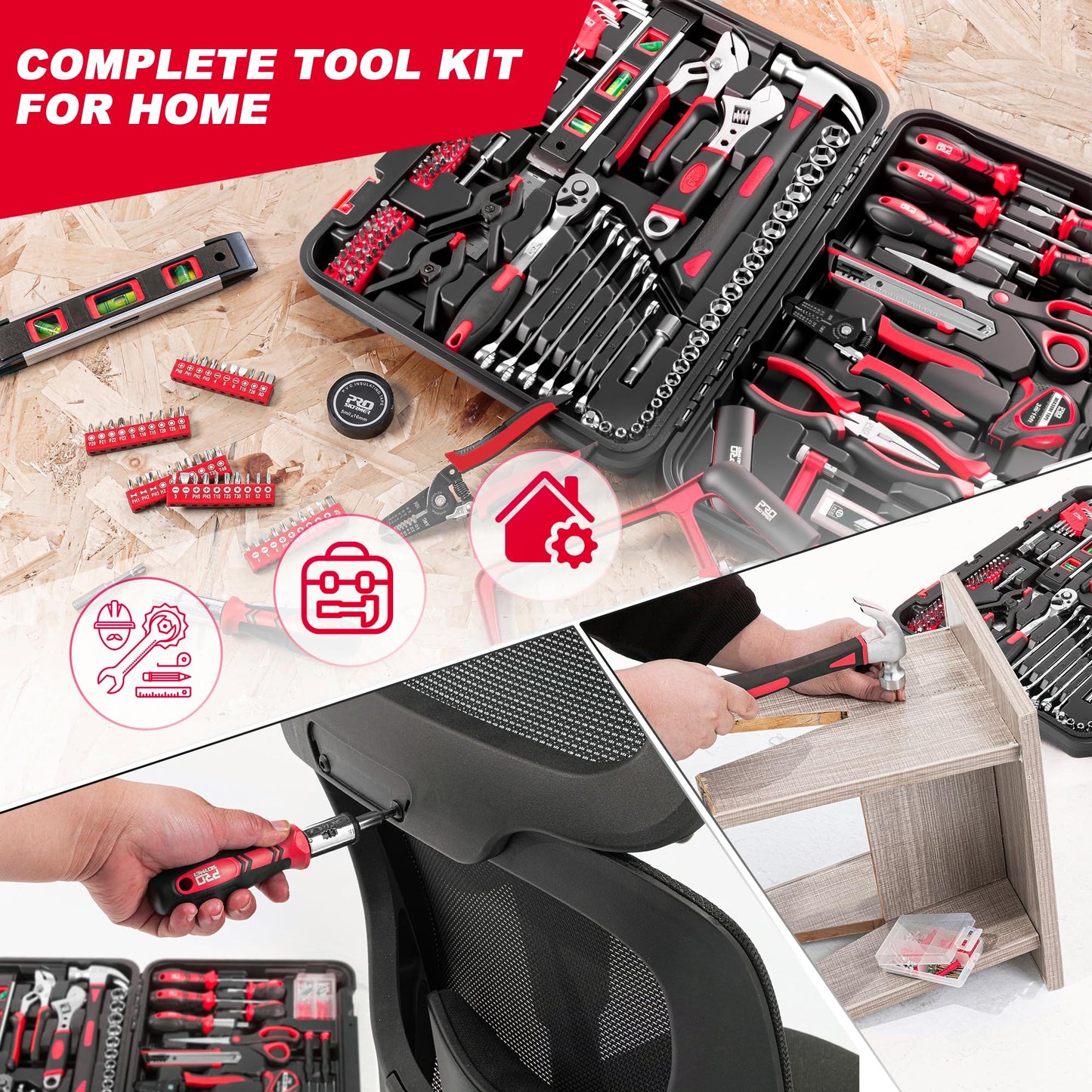 Prostormer 259-Piece Tool Kit, General Household Hand Tool Set with Plastic Storage Toolbox, Portable Complete Repair Tool Box for Home and Car (Red)