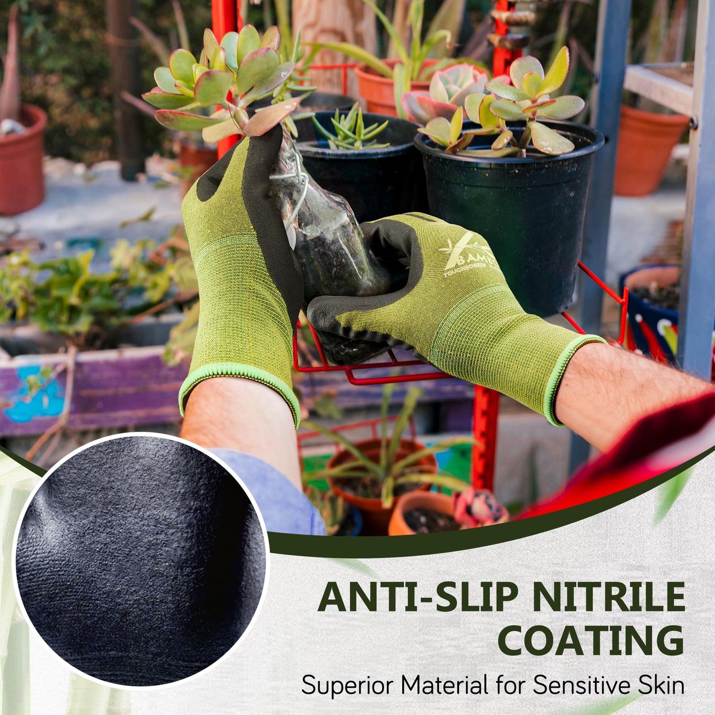 COOLJOB 2 Pairs Gardening Gloves for Women and Men, Bamboo Working Gloves Touchscreen, Grippy Nitrile Rubber Coated Work Gloves, Green/Black, Large Size (2 Pairs L)