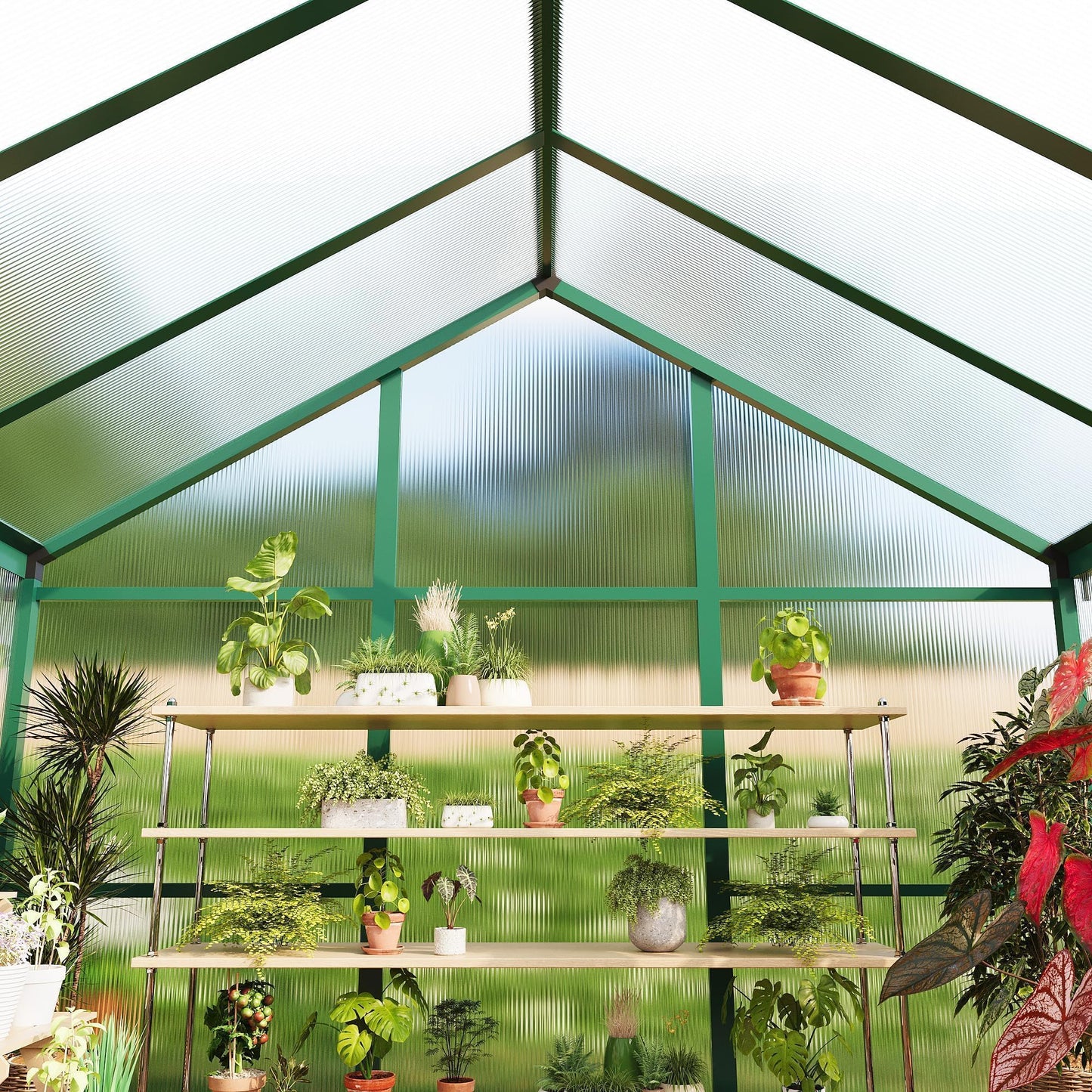 6x10 FT Greenhouse, Outdoor Sliding Door, Polycarbonate Greenhouse with Aluminum Frame, Lockable Door and Ajustable Roof Vent for Backyard, Outside Garden Backyard, Patio, Green