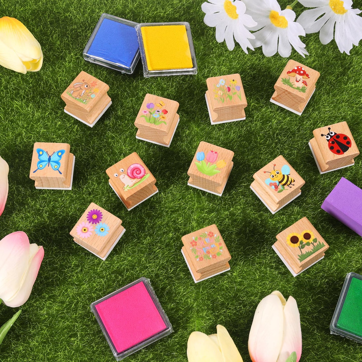 HOWAF 12pcs Spring Wooden Stamps, Hello Spring DIY Craft Rubber Stamps, Animal Daisy Flower Inking Stamp Pads Set, Butterfly Stamp Sunflower Inking Pads for Summer Party Supplies