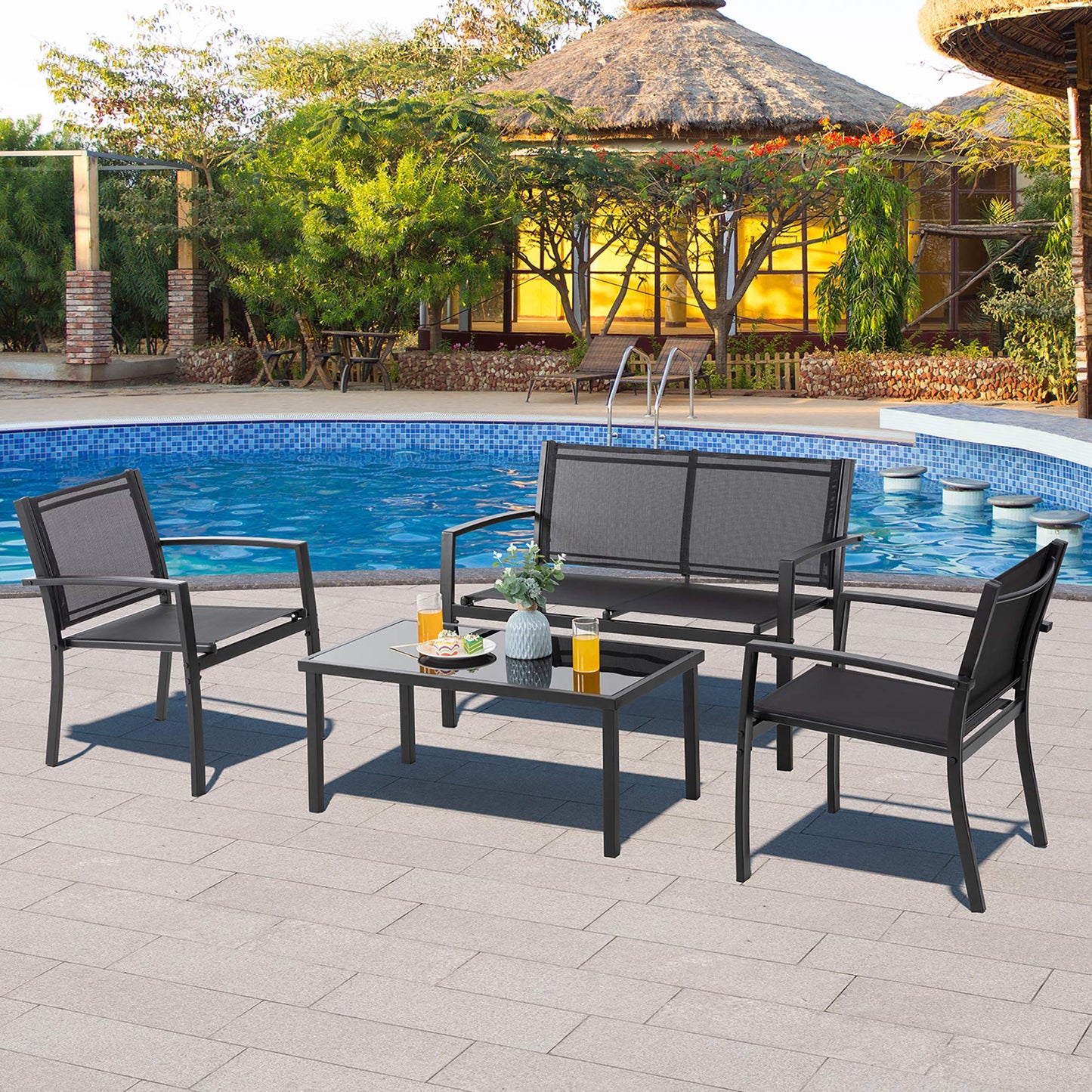 Vongrasig 4 Pieces Patio Furniture Sets,Outdoor Patio Conversation Sets with Glass Coffee Table, Small Porch Balcony Furniture, Patio Table and Chairs Set for Garden, Backyard (Black)