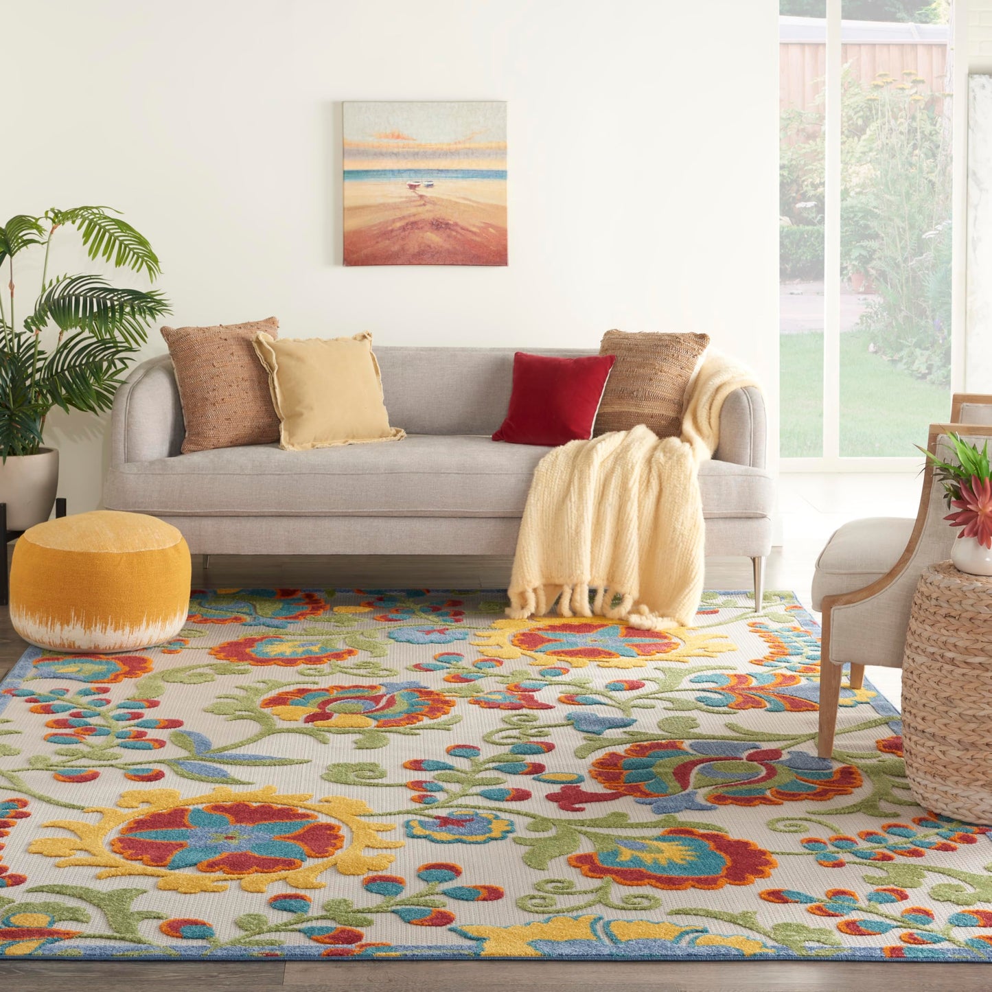 Nourison Home Aloha Ivory Multicolor 9' x 12' Area Rug - Easy Clean, Non Shedding, Bed Room, Living Room, Dining Room, Kitchen (9' x 12')