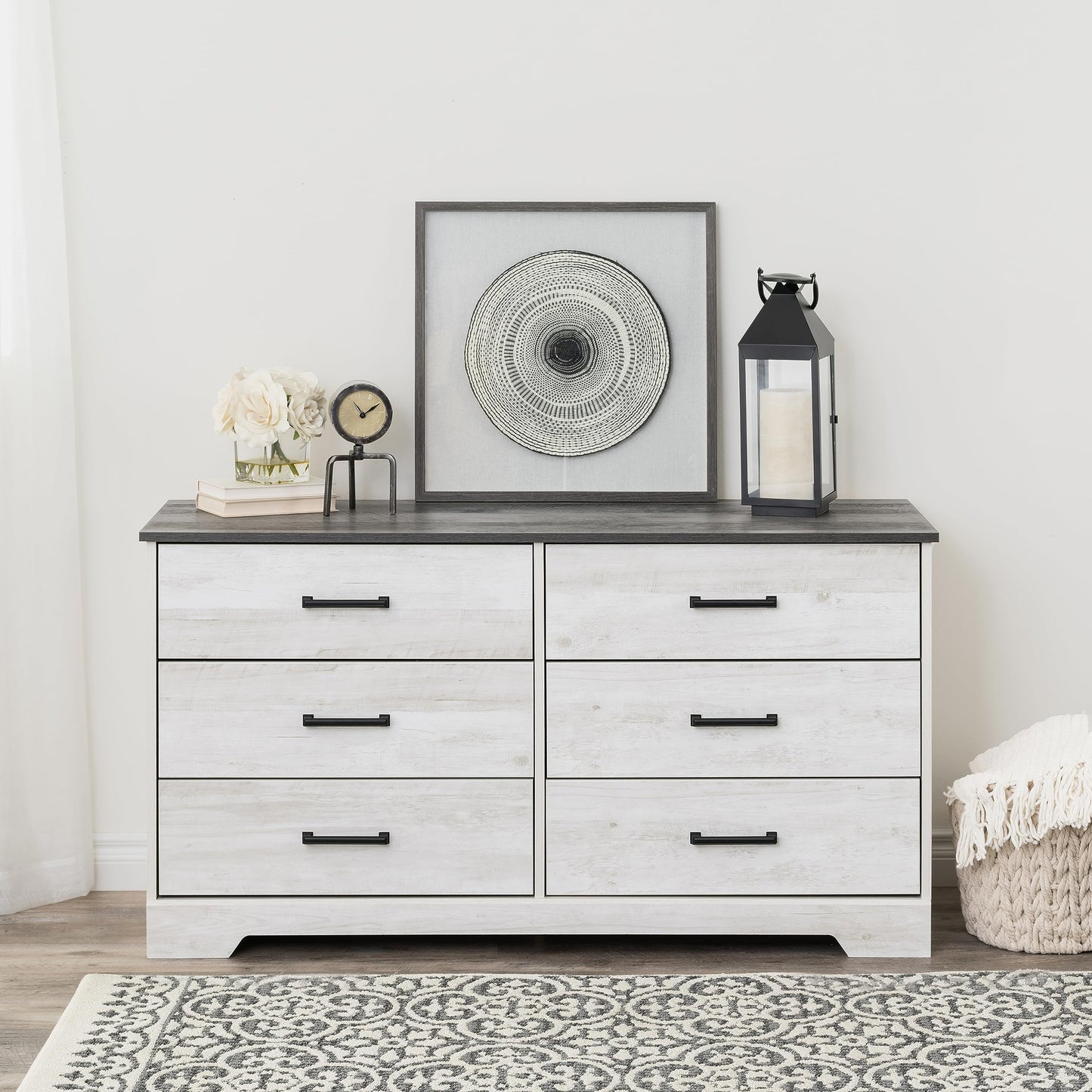 Prepac Rustic Ridge Farmhouse 6-Drawer Double Dresser, Washed White Dresser for Bedroom, Chest of Drawers with 6 Storage Drawers, 53.25” wide x 18.25” deep x 28.5” tall, Washed White