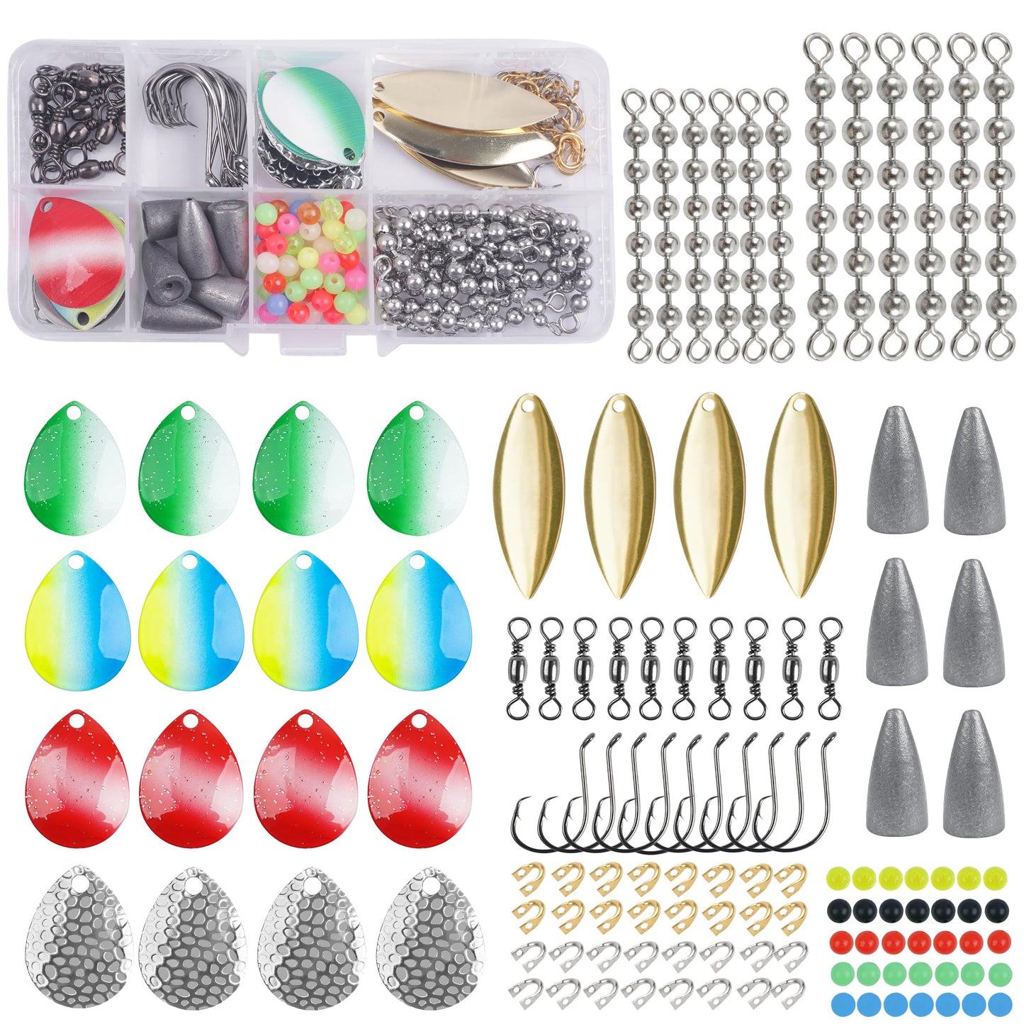 Walleye Rigs Fishing Lure Making Kit, 146pcs DIY Spinner Making Supplies Parts Colorado Blades Clevises Beads Hooks Swivels High Speed Trolling Drilling Rig Fishing Tackle