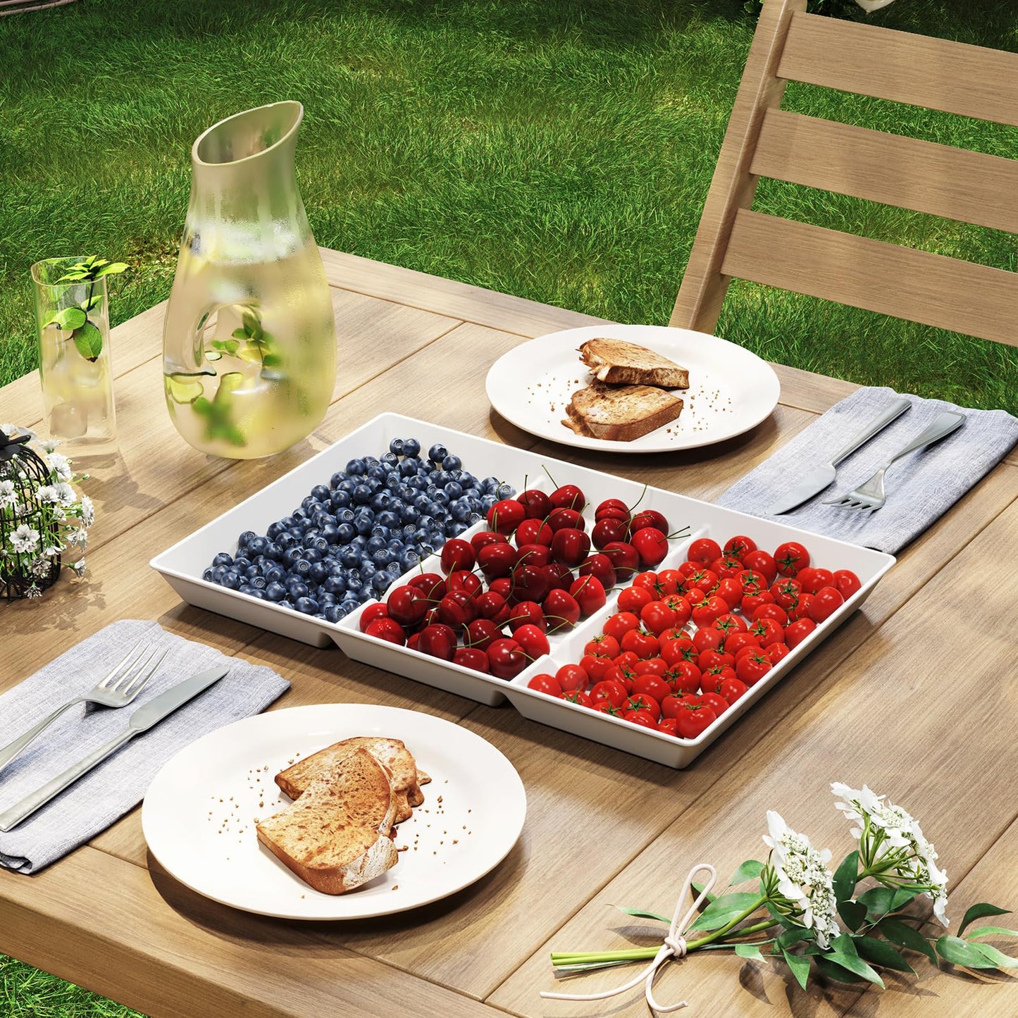 Lifewit Serving Tray Divided for Party Supplies, 4 PCS 15" x 10" Plastic Platters for Serving Food, White Reusable Tray for Veggie, Snack, Fruit, Cookies, Desserts in Kitchen/Pantry