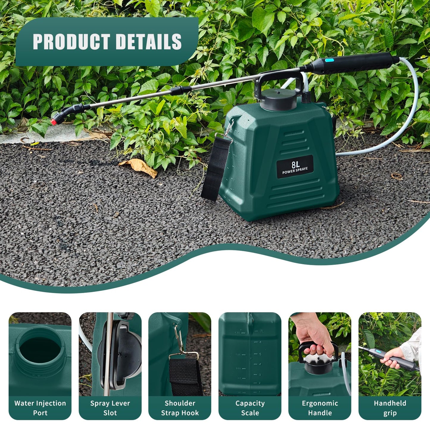 2 Gallon Battery Powered Sprayer, Electric Garden Sprayer, Backpack Sprayer with 3 Mist Nozzles & USB Rechargeable Handle & Retractable Wand & Adjustable Strap for Lawn, Garden, Yard (Green)