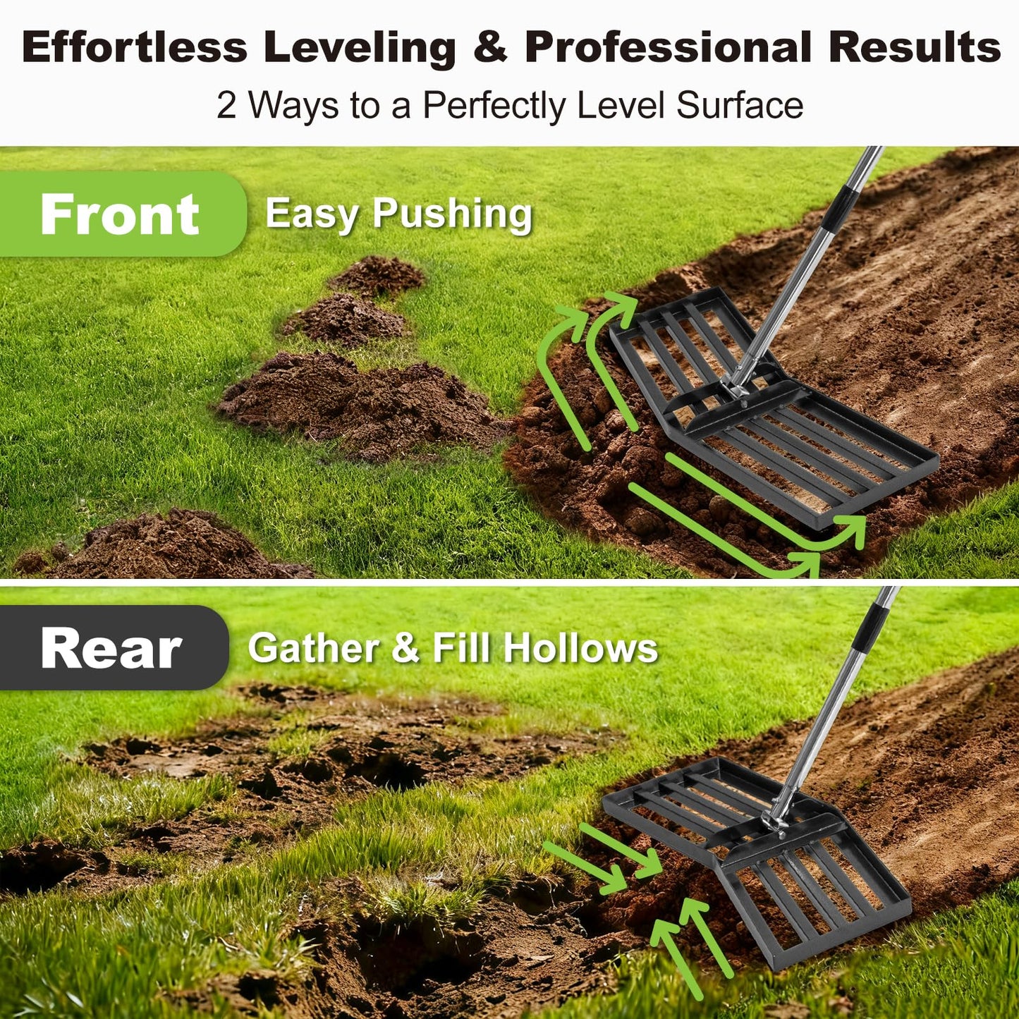 Upgraded Lawn Leveling Rake, 30"x10" Stainless Steel Yard Leveling Rake, 70" Adjustable Handle, Sand Leveling Rakes for Soil, Ground Leveler for Yard, Garden, Farm, Pasture