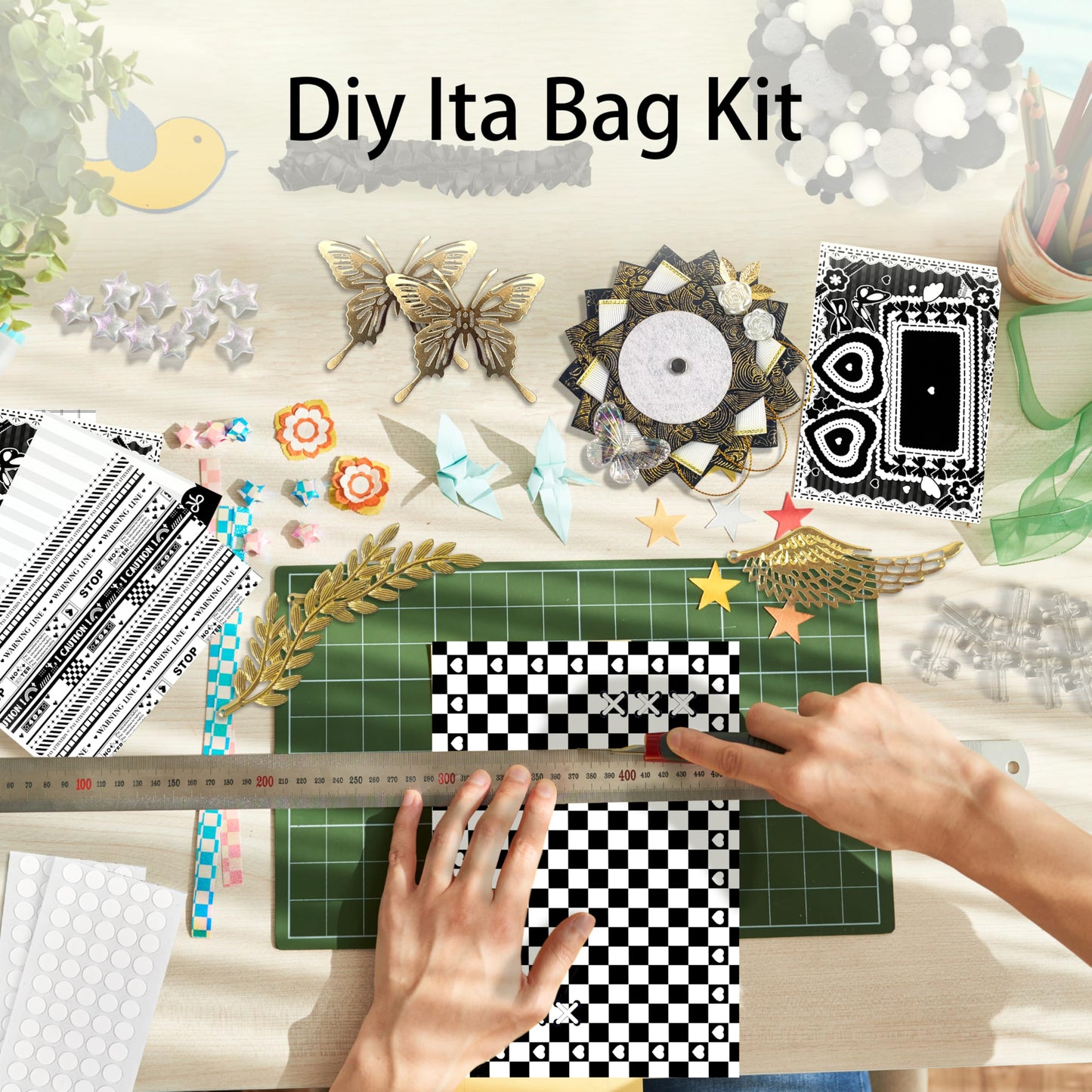 85 Pcs DIY Ita Bag Accessories with Insert Panels,Ribbons,Ita Bag Decor with Bows, Wings, Hearts, Stars, Pom-Pom, Making Supplies for Handicraft Enthusiast, Celebrity Fan, Anime Fan (Black)
