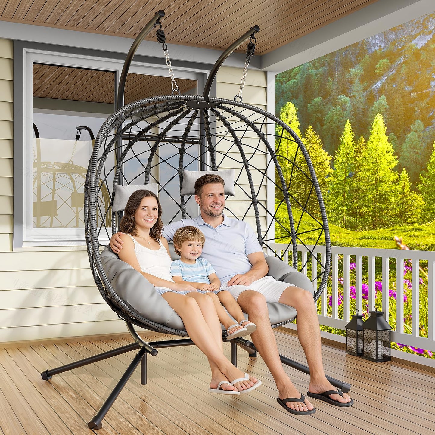 LEVELEVE Double Egg Swing Chair with Stand - 2 Person Outdoor Patio Hanging Wicker Hammock Chair with Cushion, Dark Grey, for Garden, Lawn, Bedroom, Indoor/Outdoor Use