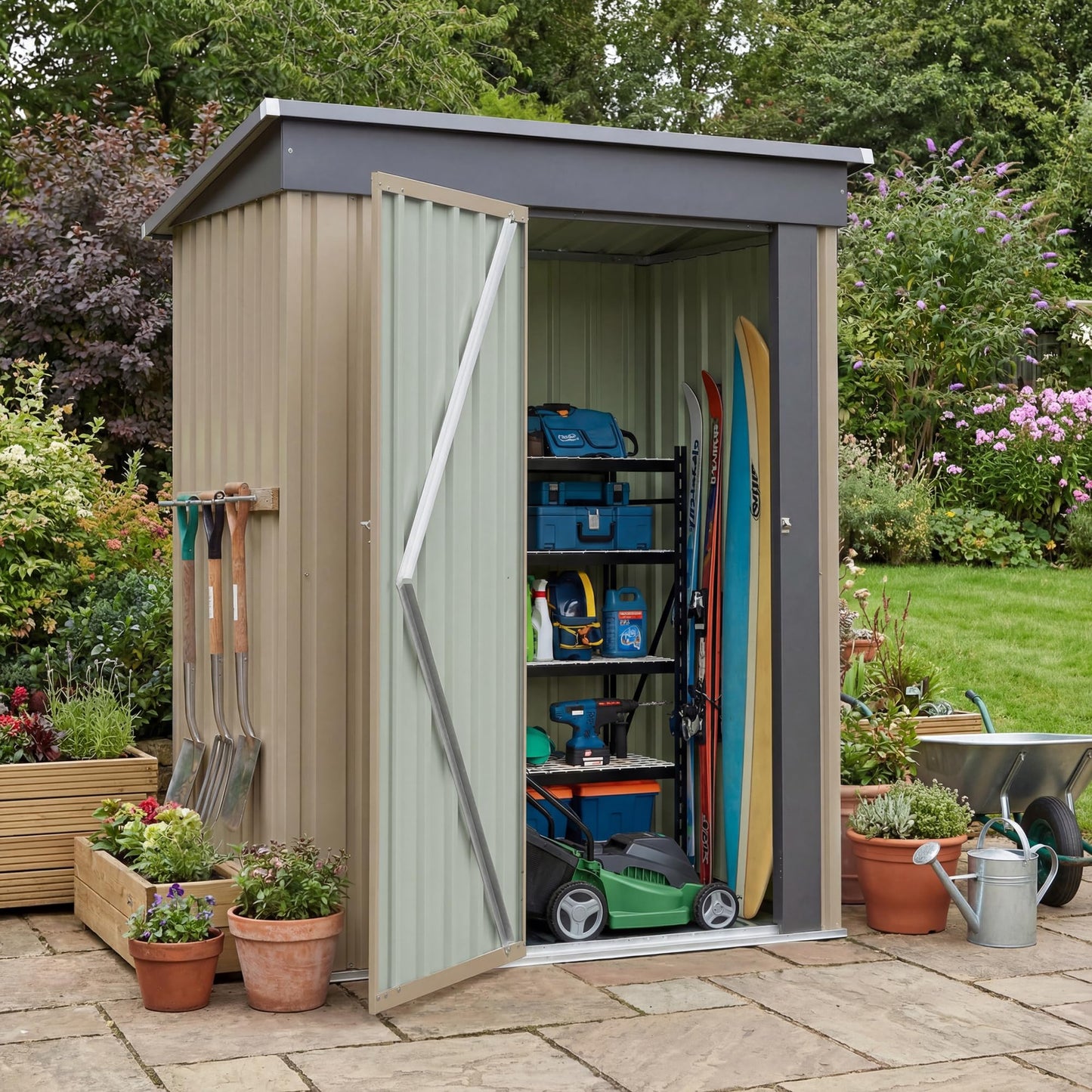 Greesum 5x3FT Outdoor Storage Shed with Base, Utility Tool Shed with Sloping Roof, Metal Storaged Garden Shed with Door & Lock for Patio Storage, Brown