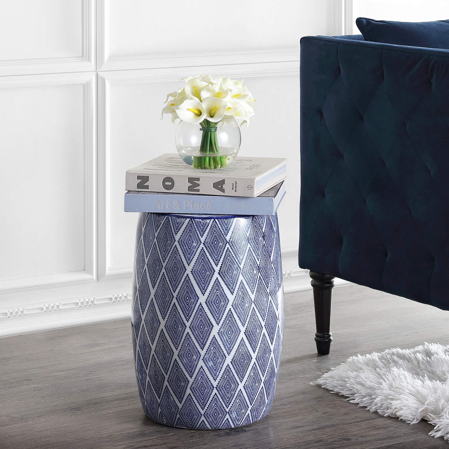 JONATHAN Y TBL1019A Moroccan Diamonds 18" Ceramic Drum Indoor/Outdoor Garden Stool, Coastal, Contemporary, Side Table, Plant Stand, Spill-Proof, Living Room, Garden Room, Patio, Blue/White
