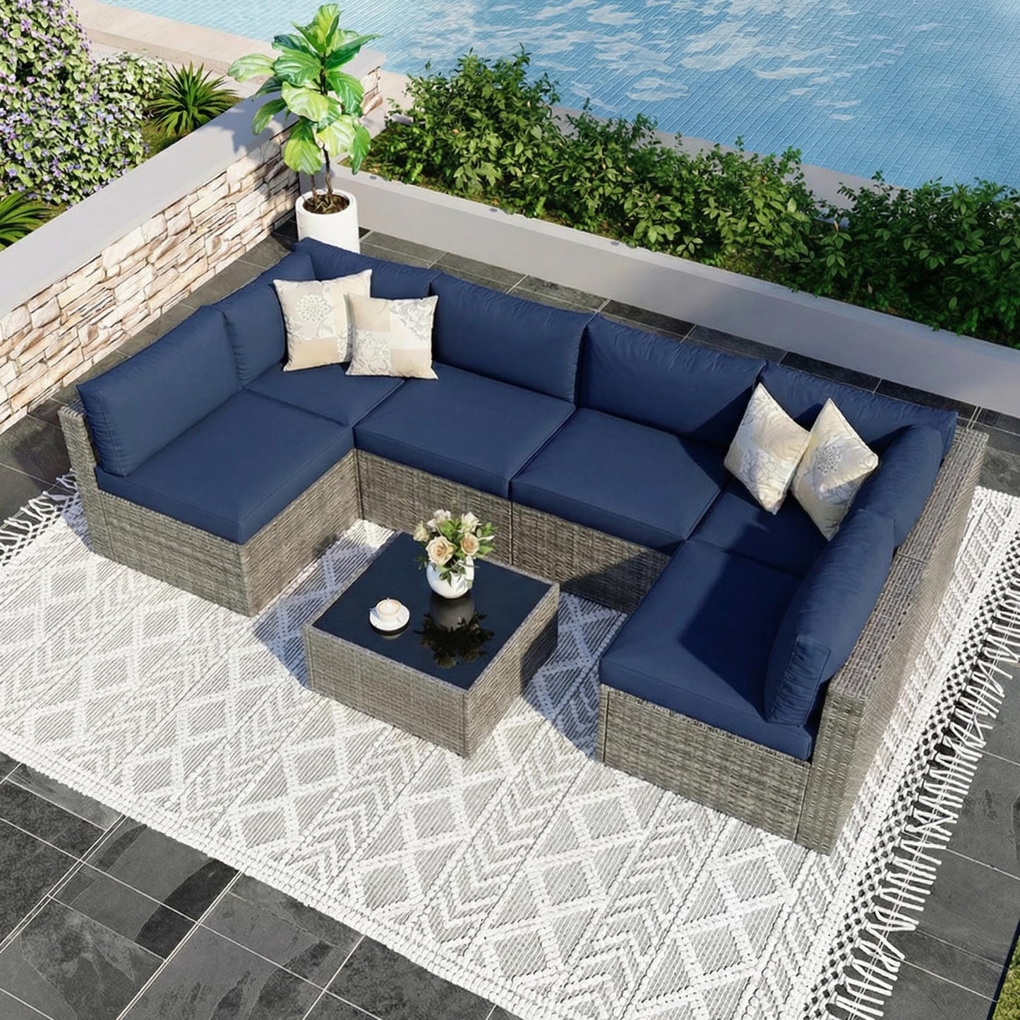Wisteria Lane 7 Pieces Outdoor Patio Furniture Set, Wicker Outdoor Patio Sectional Sofas with Coffee Table, All-Weather Patio Conversation Set for Backyard Garden, Navy Blue