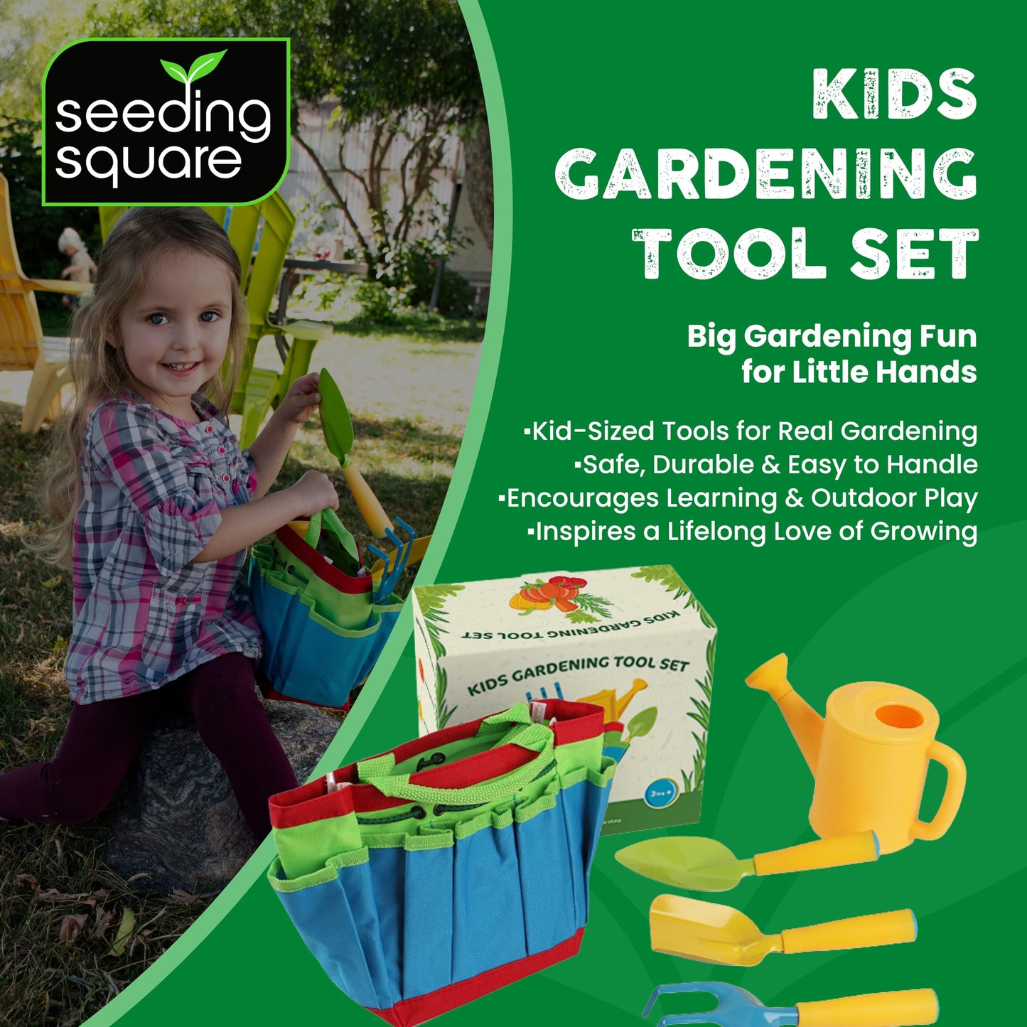 Kids Gardening Tool Set + 5 Gallon Grow Bags + Seeding Circle + Hand Pollinator Bundle – Complete Kids Garden Kit for Planting, Growing & Learning