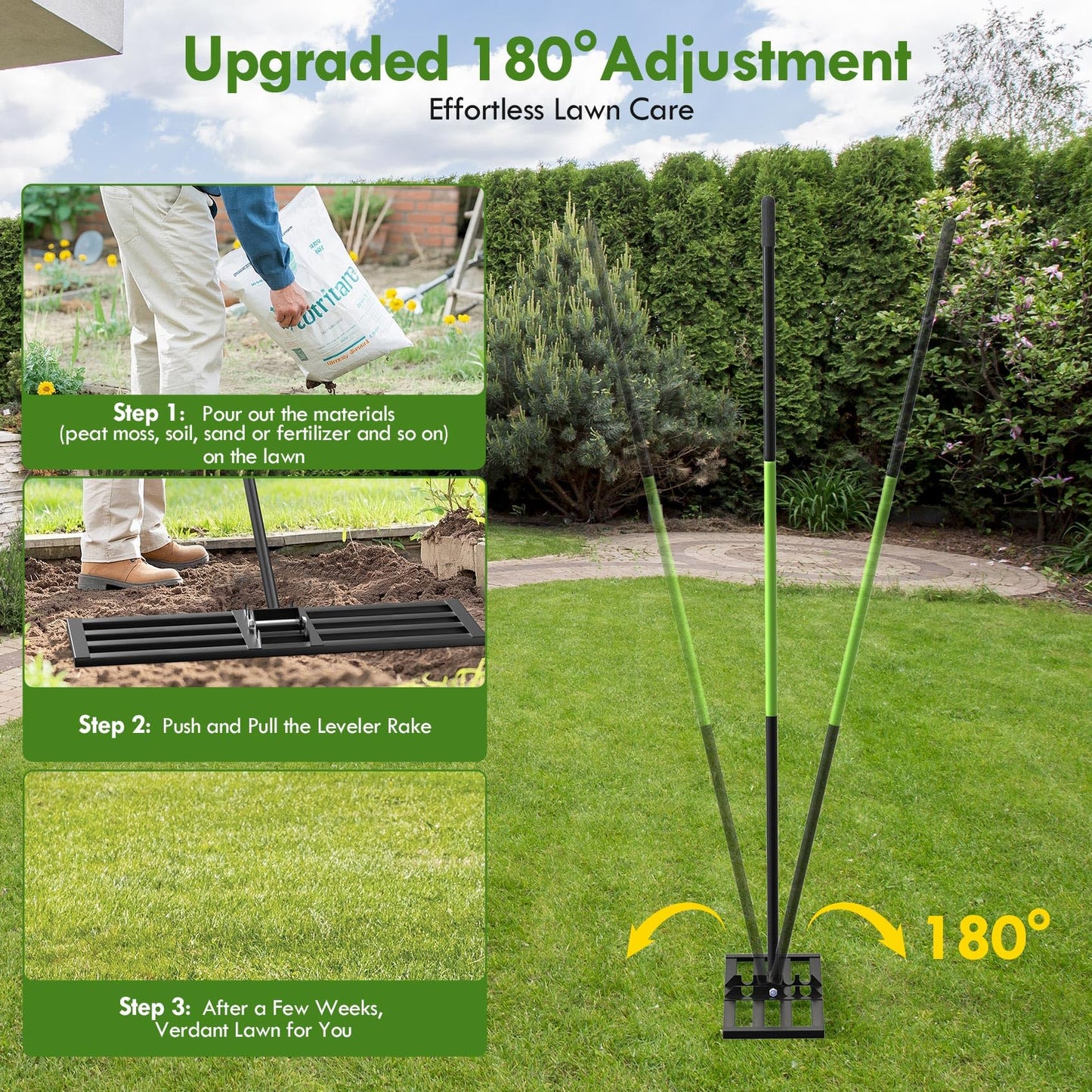 Seeutek Lawn Leveling Rake, 45" x 10" Heavy Duty Yard Leveling Rake Tool with 0-180° Adjustable Handle, 6.5FT Steel Handle Lawn Leveler for Yard Garden Golf, Ease Level Soil Sand Dirt Surface
