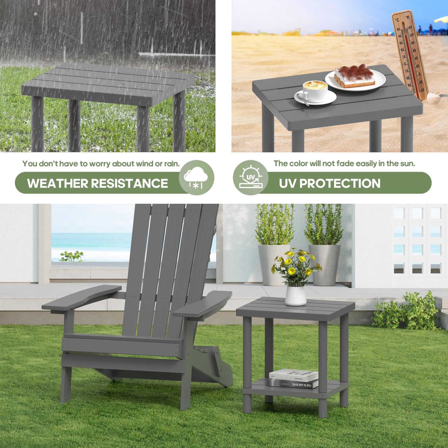 LEJANEOYE Outdoor Side Table, 2-Tier Small Outdoor Table for Patio, Adirondack Side Tables for Outside or Indoor, Bamboo End Table for Pool, Porch, Weather Resistant Easy Maintenance-Gray