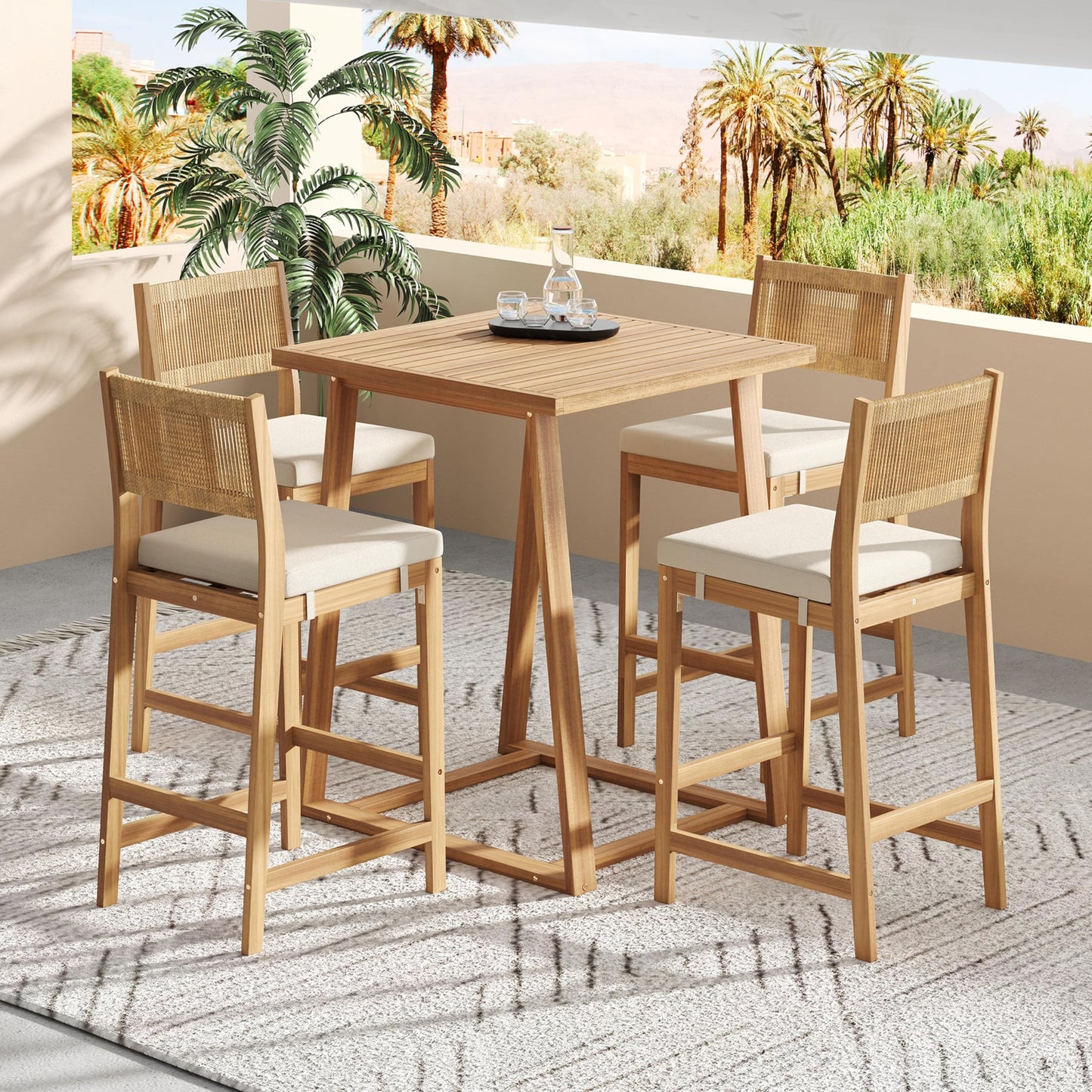 Christopher Knight Home Barron 5-Piece Acacia Wood Patio Bar Set, Patio Bar Table and Stools Set, Soft Seat Cushions, Rattan/Wicker Dining Set for Garden, Backyard, Poolside, Balcony, Teak + Beige