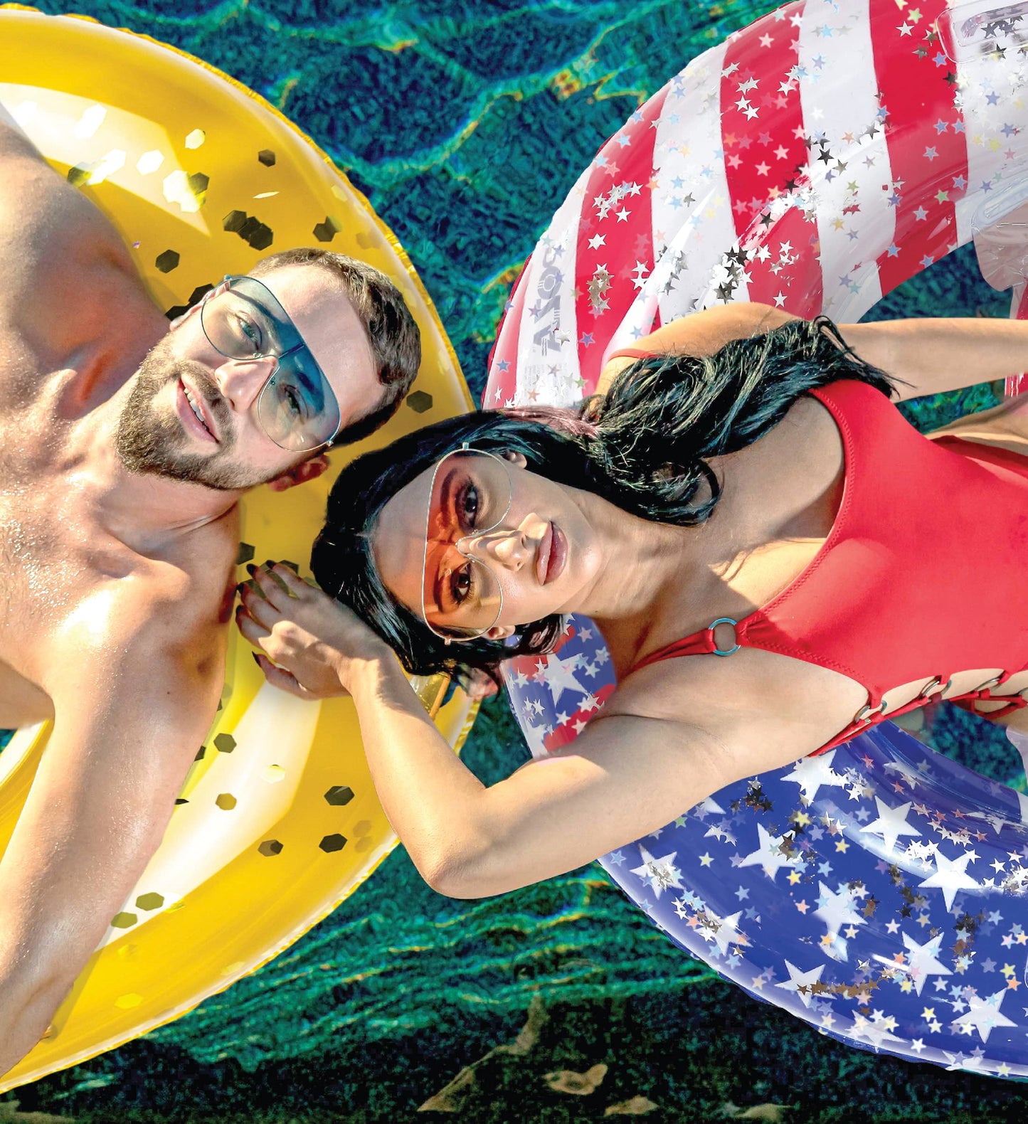 POZA Inflatable USA Flag Pool Float Chair - Luxurious Lounger Filled with Sparkle Silver Confetti, 2 Built in Cup Holders and Handles, Water Floating Chair for Beach, Lake, Swimming Pool - 48x38 Inch