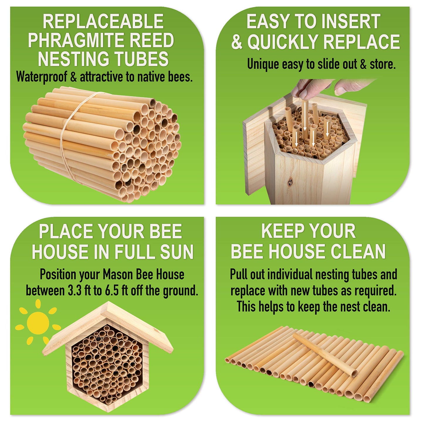 Rivajam Mason Bee House Wax Coated Nesting Bee Box | Refillable Phragmite Reed Mason Bee Tubes Filled Pollinator House | Mason Bee Houses for the Garden