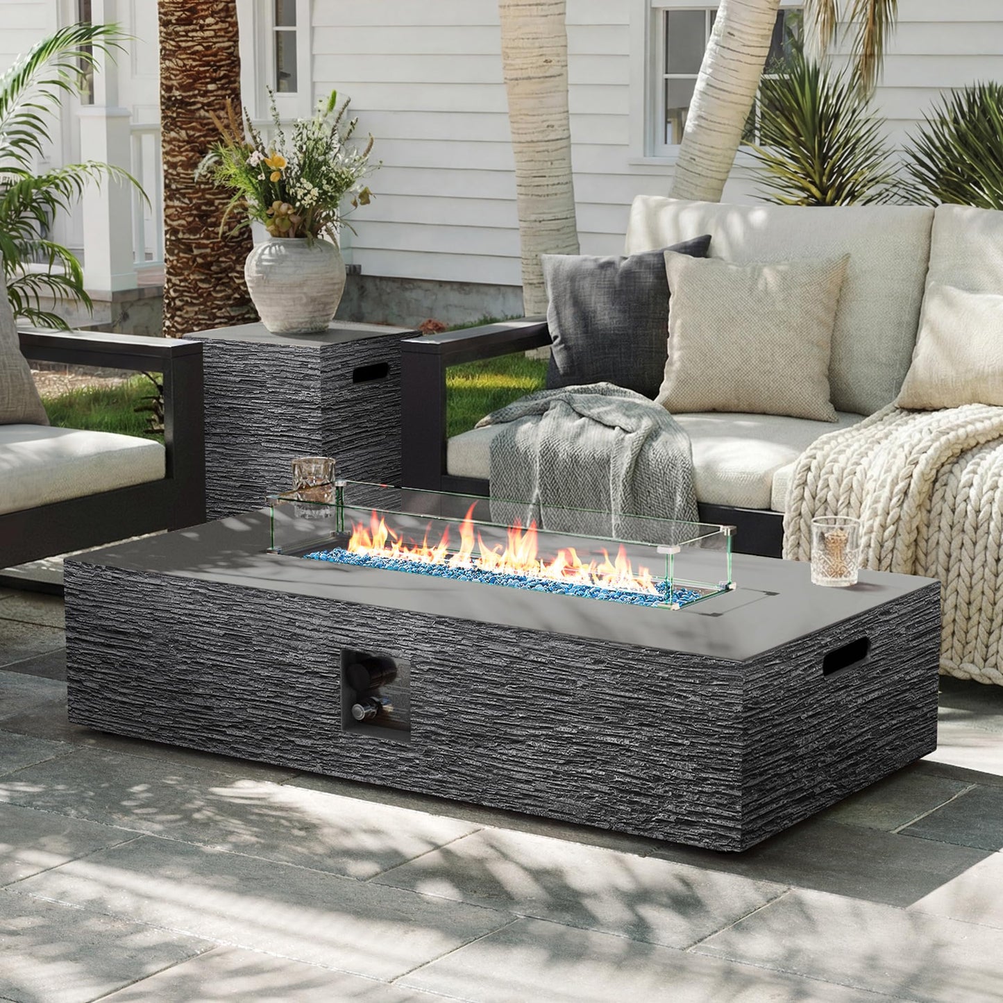 UPHA 56-inch Outdoor Propane Gas Fire Pit Table 50000 BTU Concrete Rectangle FirePit for Outside Patio with Propane Tank Cover, Wind Guard, Blue Glass Rocks, Rain Cover, Grey