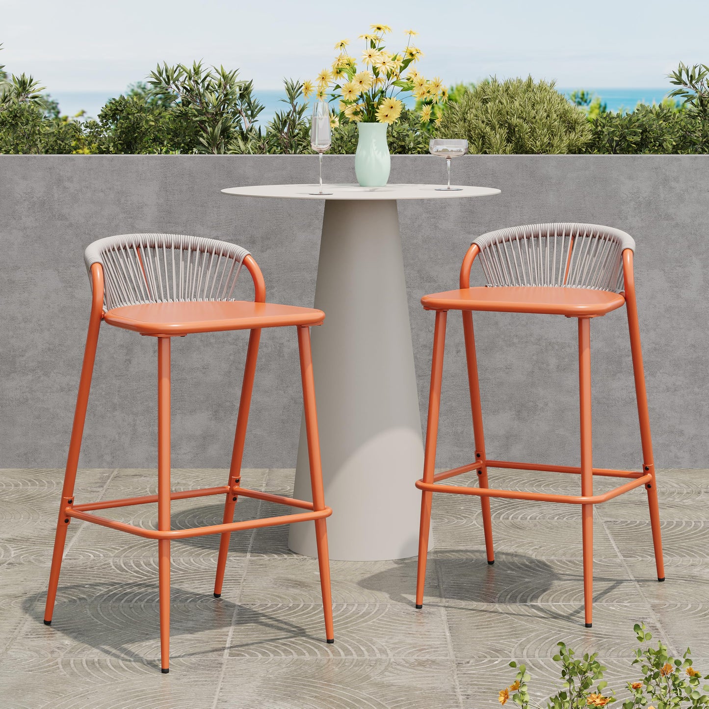 Christopher Knight Home Hearth 29.5" H Patio Barstools Set of 2, Aluminum Frame Barstool, Woven Rpoe Island Counter Stool, Scallop-Shaped Backrest Bistro Chairs for Balcony Backyard Garden, Orange