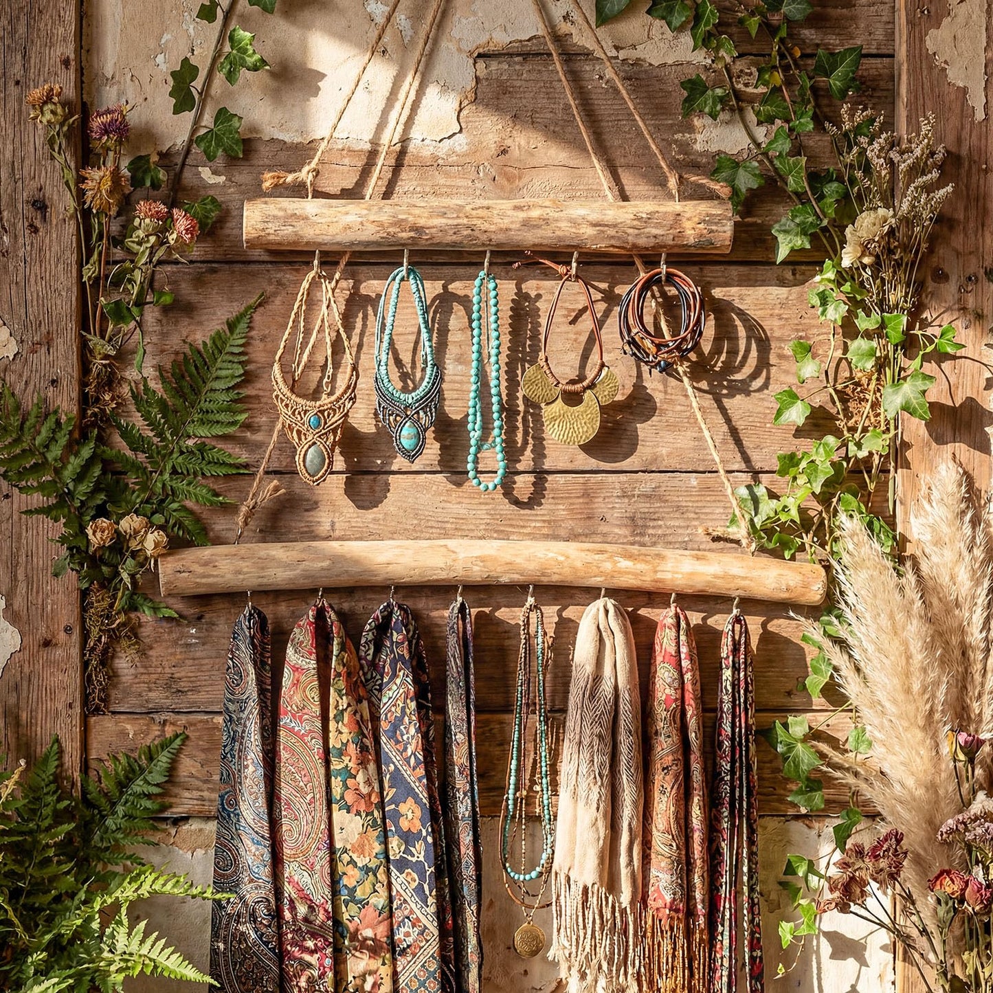 Yinkin 2 Pcs Natural Driftwood Jewelry Hanger Wall Driftwood for Crafts with Hooks 15.75 Inch 9.84 Inch Boho Wall Jewelry Shelf for Home Walls Shop Window Display