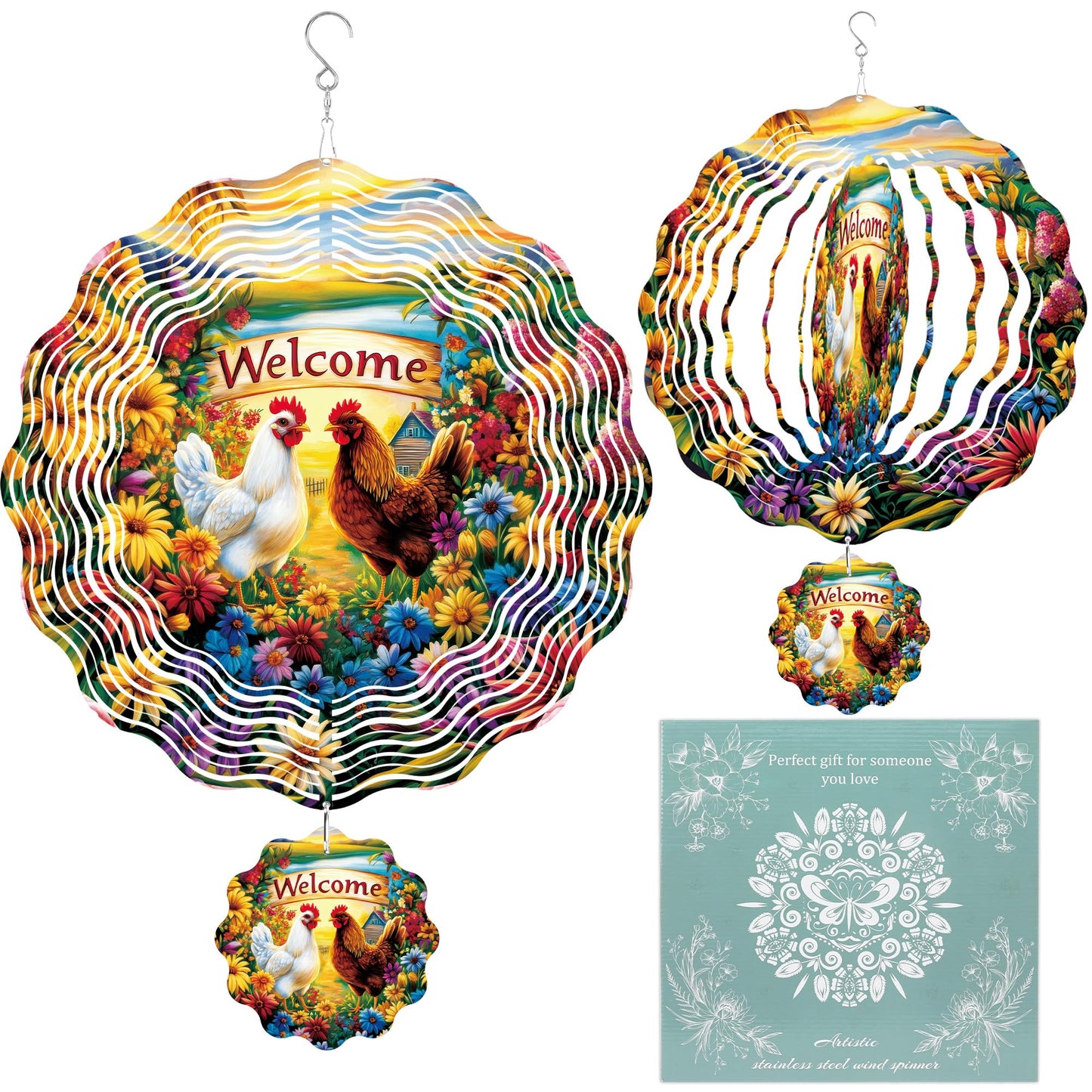Chicken Wind Spinner Outdoor, Farmhouse Gift for Mom Women, Hanging Metal Wind Catcher with 3" Rooster Center Pendant, 12" 3D Stainless Steel Kinetic Art for Garden Yard
