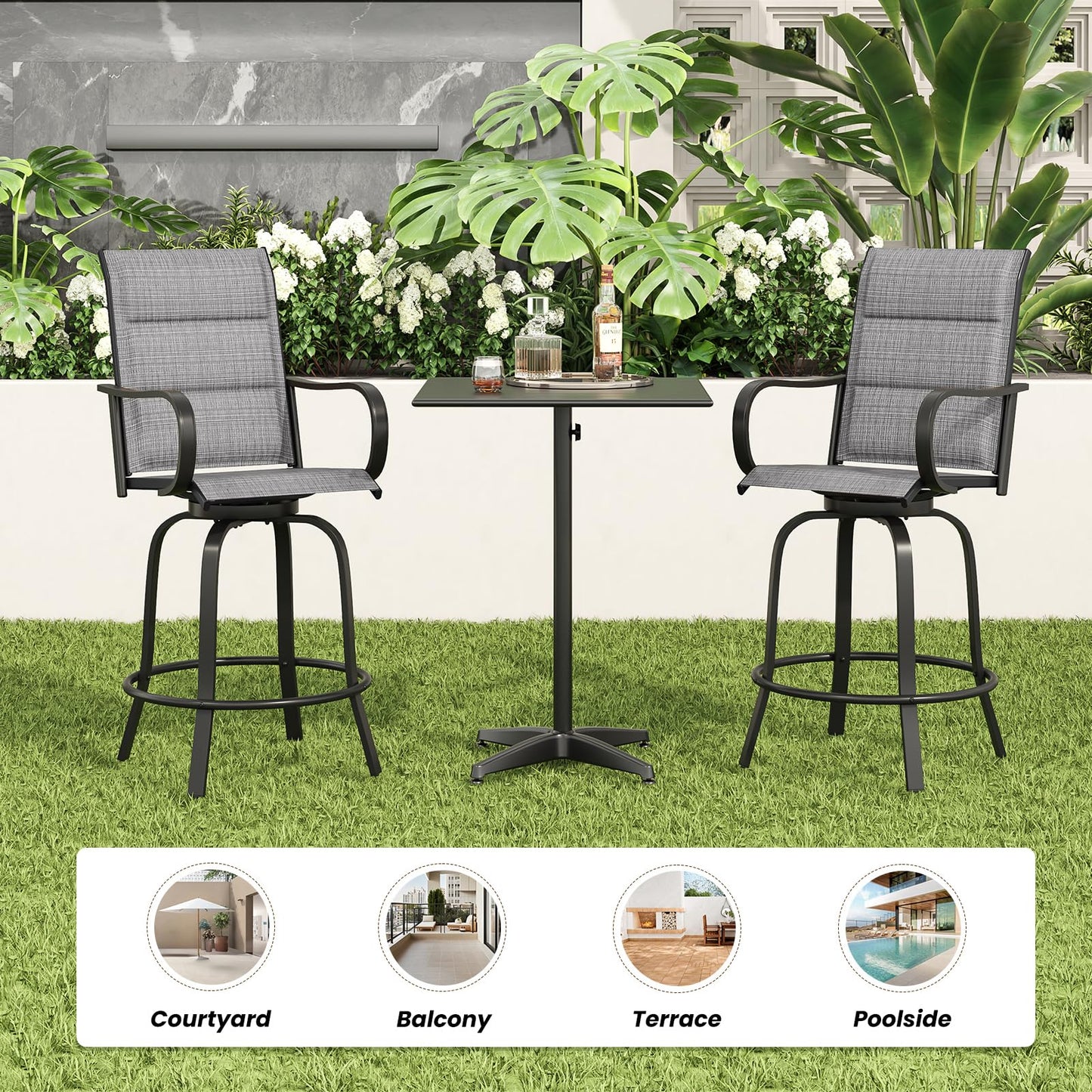 Soohow Swivel Patio Bar Stools Set of 2, Outdoor Barstools with Paded Textilene Fabric, All Weather Bar Height Outdoor Chairs, Tall Swivel Patio Chair for Balcony, Poolside, Yard