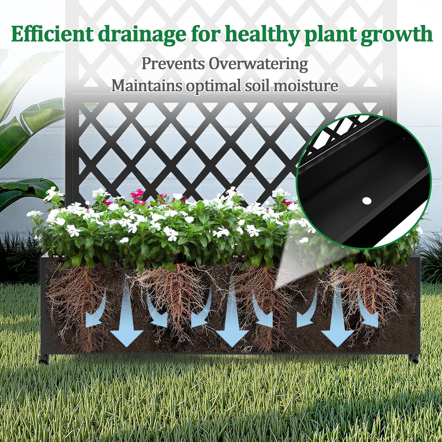 Metal Raised Garden Bed with Trellis and Wheels, 2 in 1 Trellis with Planter Box & Privacy Screen for Climbing Plants, Outdoor Standing Flower Beds with Drainage Holes, 47.2''L×15.7''W×70.9''H, Black