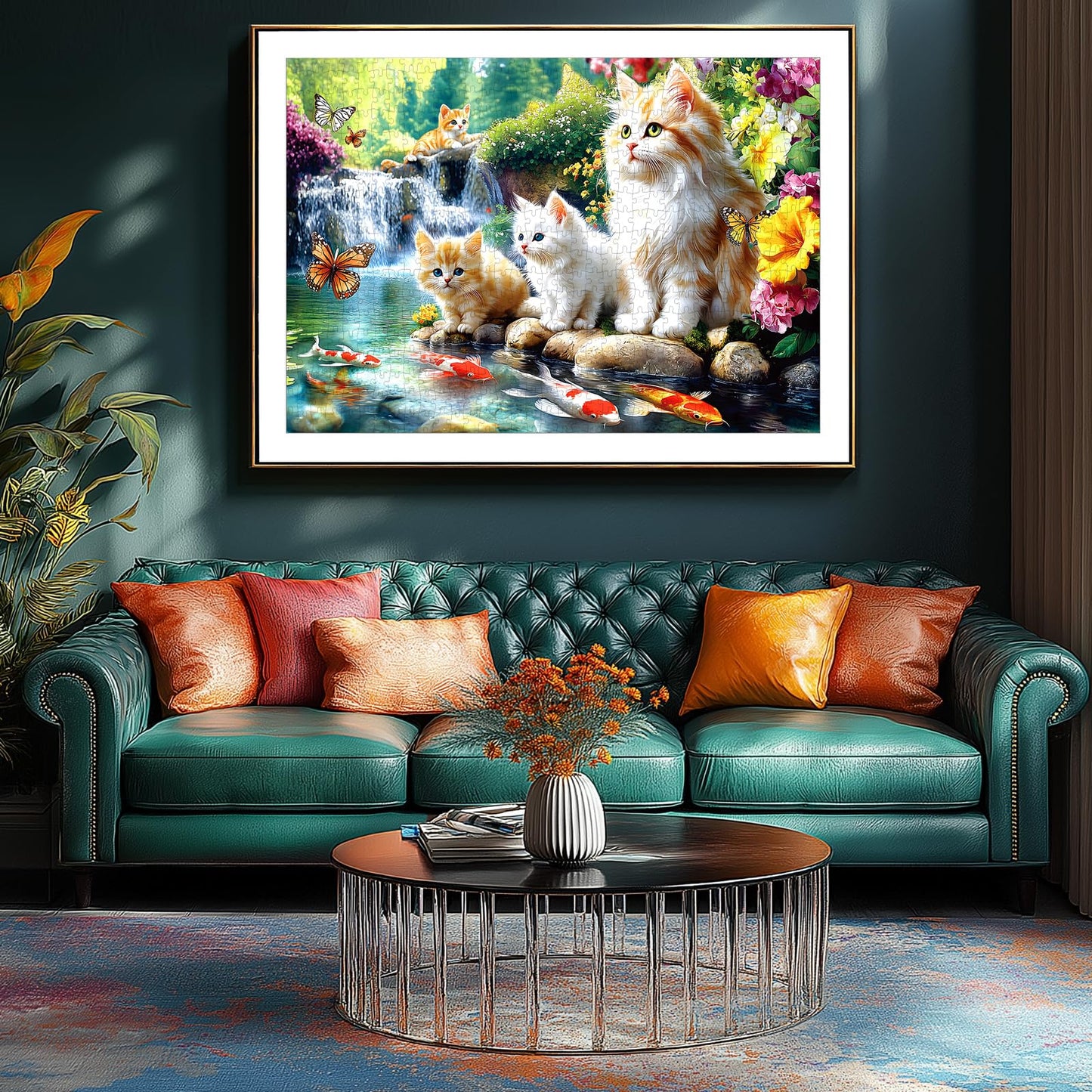 Serene Cat Garden 1000 Piece Jigsaw Puzzle for Adults, Waterfall Scene with Koi Fish and Butterflies, 27.56 x 19.69 Inch, Relaxing, Detailed Art for Solo or Social Puzzling