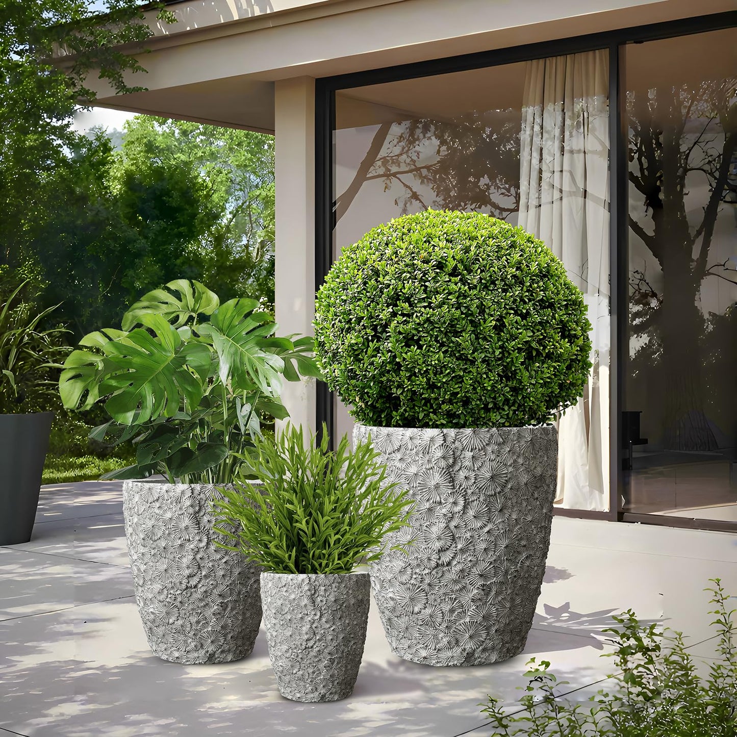 ShangDemonMaster Craft flowerpots 16"+12"+10" Dia Round Concrete Planter Set of 3 Large Outdoor/Indoor Planter Pots Containers with Drainage Holes and Rubber Plug for Home Garden (Grey, Large)