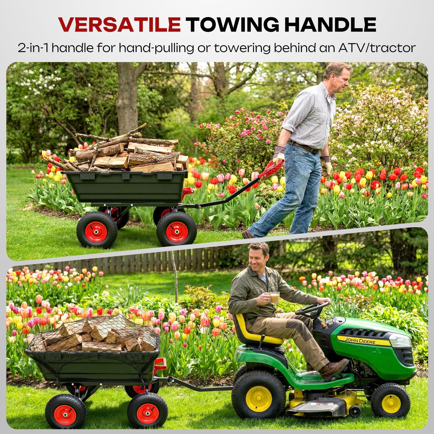 Autodaya 1200lbs Garden Dump Cart,7 Cu.Ft Utility Wagon Cart with Hitch,Heavy Duty Yard Dump Wagon Wheelbarrows with 13" All Terrain Wheels & 2-in-1 Handle,Tow Behind for Lawn Mower Tractor ATV