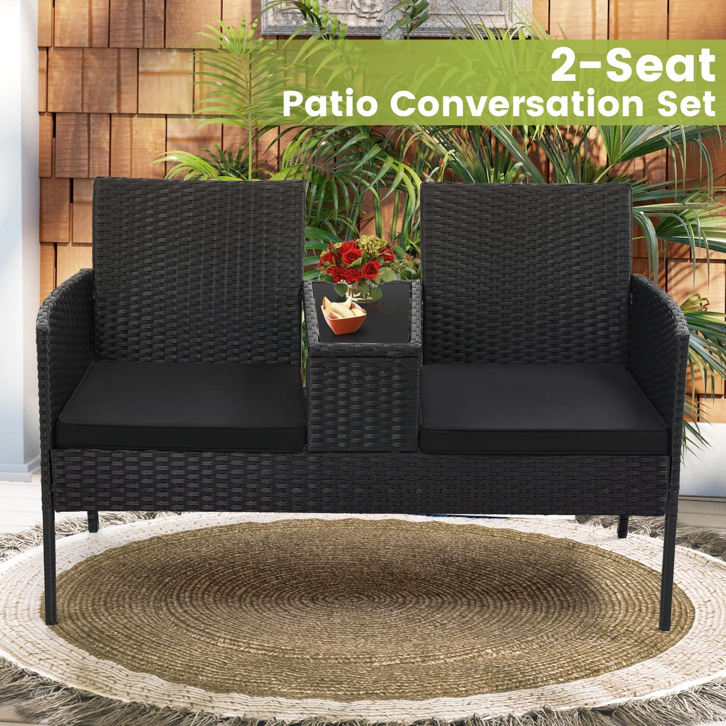 Kromax Wicker 2 Seat Patio Loveseat, Outdoor Rattan Loveseat with Table, Washable Cushion Covers, Backyard, Garden, Lawn, Black Rattan with Black Cushion