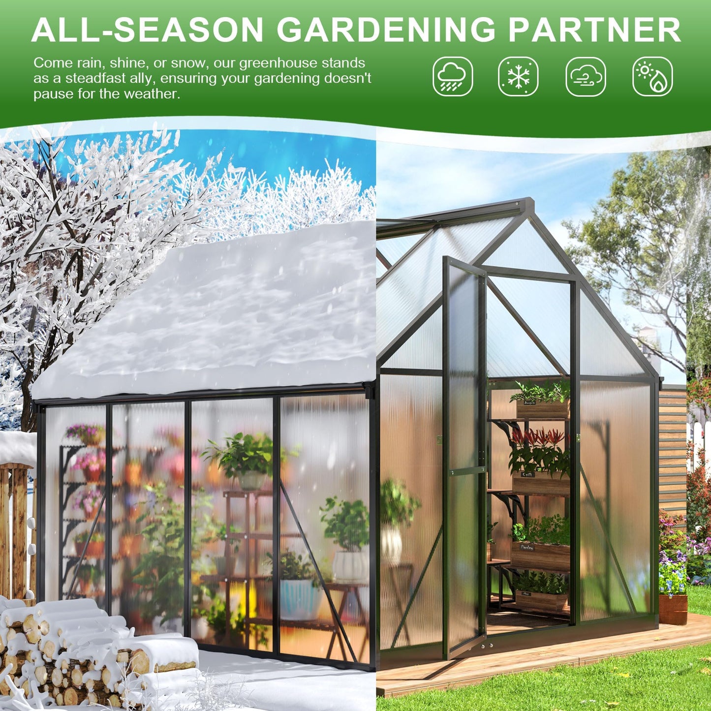 Polar Aurora 8x10 FT Polycarbonate Greenhouse for Outdoors, Walk-in Aluminum Green House with Quick Setup Structure and Roof Vent for Outside Garden Backyard, Black