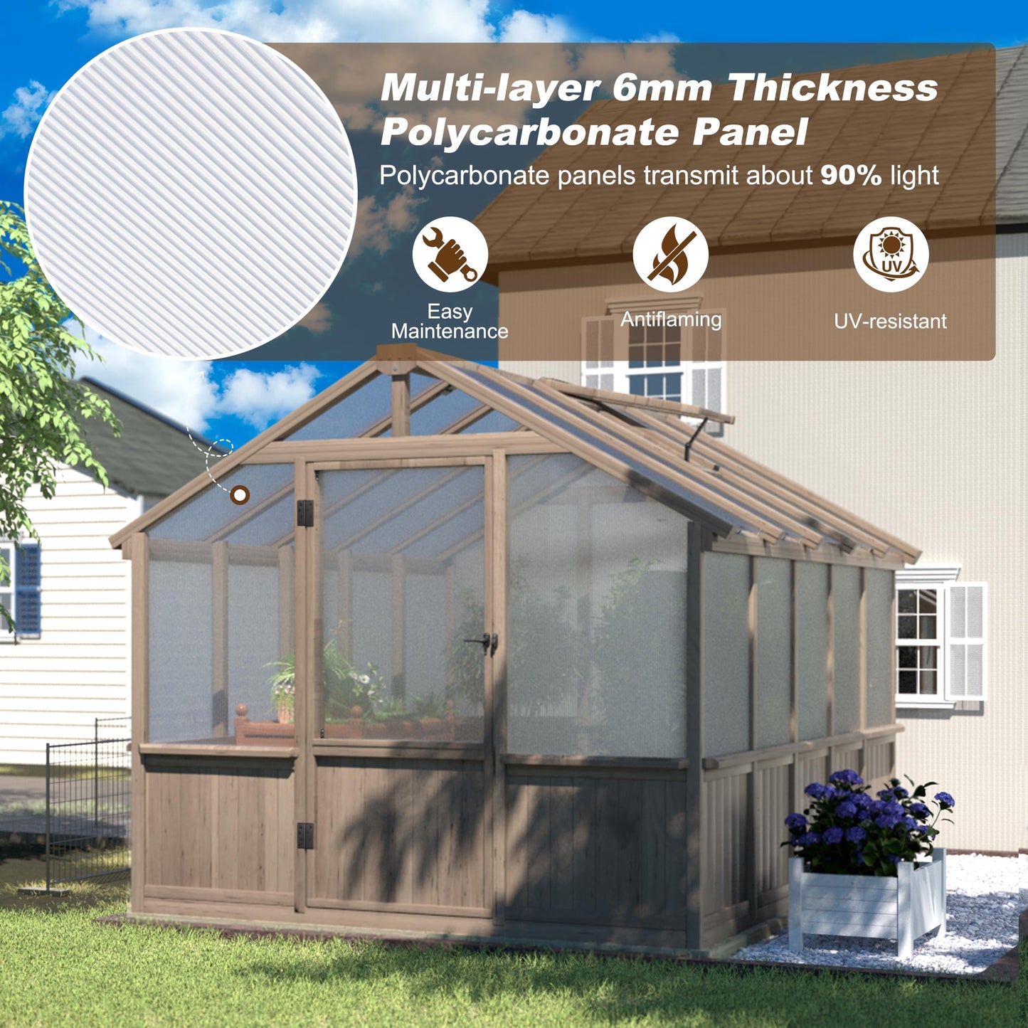 Yardenaler 8x10 FT Greenhouse Kit with 6MM Thick Polycarbonate Panel for Outdoor, Wooden Walk-in Green House with Adjustable Roof Vent and Lockable Door, Backyard, Garden, Light Mocha Brown