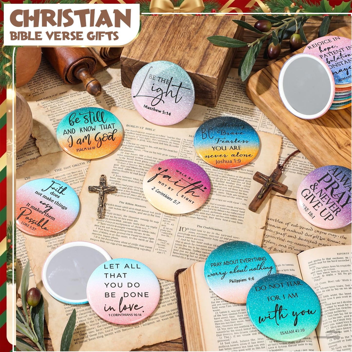 GlikCeil 40 Pcs Mother's Day Christian Gift Bulk Christian Compact Mirror for Women Inspirational Bible Verse Pocket Mirrors Mini Purse Makeup Mirror Religious Church Gift for Women Mom Church VBS