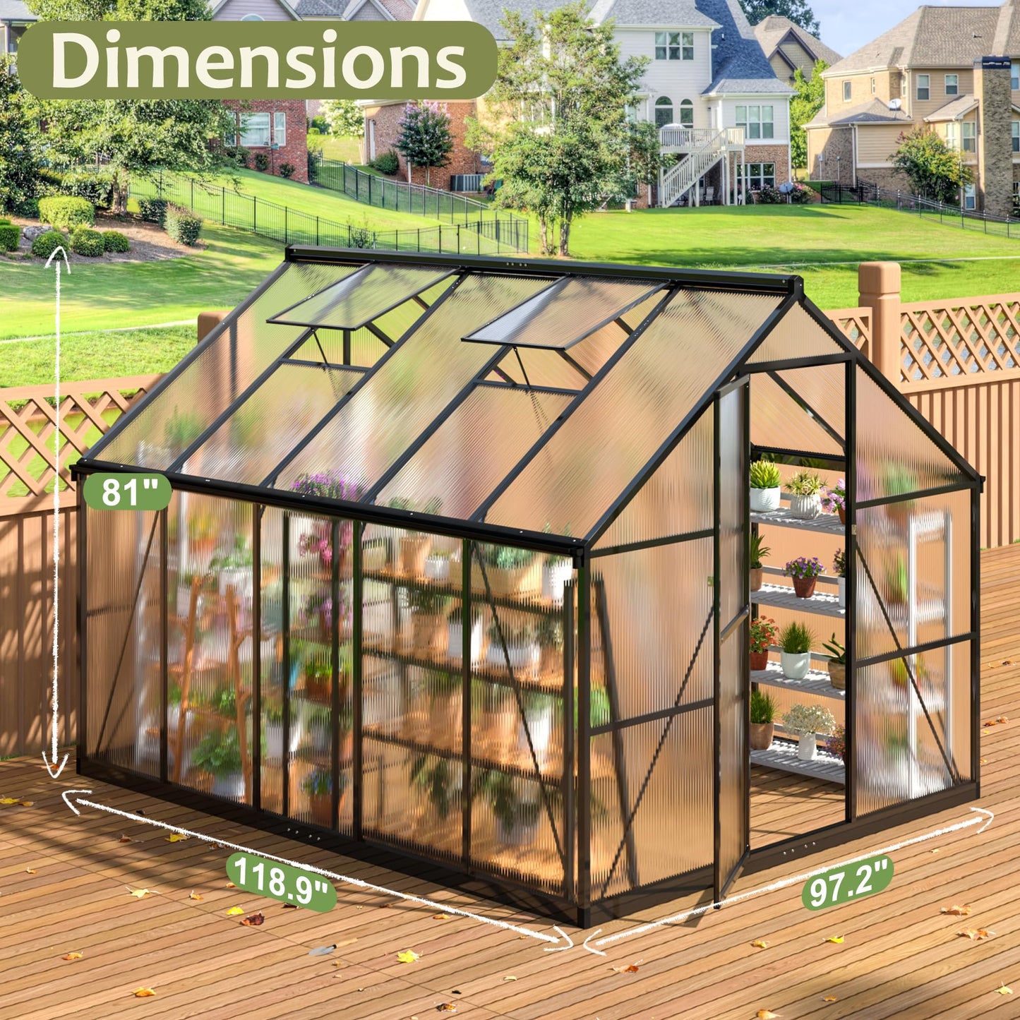 AirWire 8x10 FT Greenhouse for Outdoors, Quick Setup Polycarbonate Green House with Roof Vent, Aluminum Large Walk-in Greenhouse for Outside Garden Backyard, Black