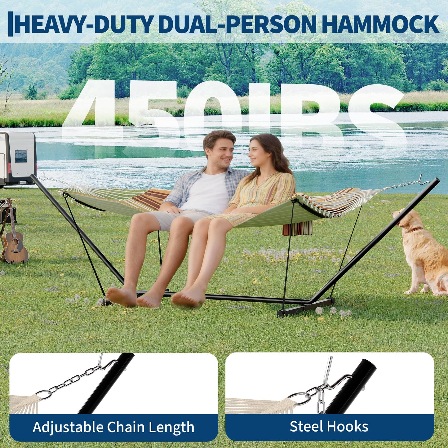 Garvee﻿ 2 Person Hammock with Stand for Outside, Double Hammock with Stand and Pillow, Max 450 Lbs Capacity with Balance Rope, Large Hammock for Outdoor Patio Backyard Poolside