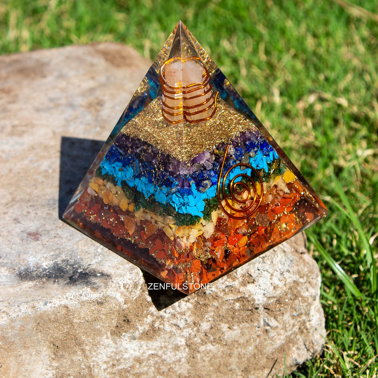 7 Chakra Orgonite Pyramid for Energy Generator Crystal Pyramid for Balancing Energy, Spiritual Alignment | Handmade Orgonite pyramids with Copper Coil and Crystal Quartz for Chakra Protection)