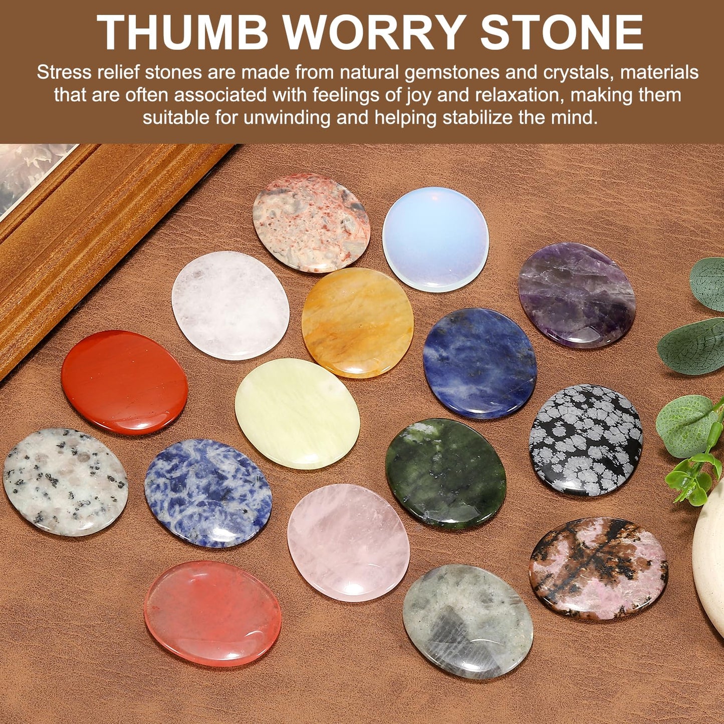 MECCANIXITY 2 Pcs Thumb Worry Stone for Anxiety, Moss Agate Relief Crystals Hand Thumb Stones Pocket Gems Natural Polished for Yoga Meditation Relief