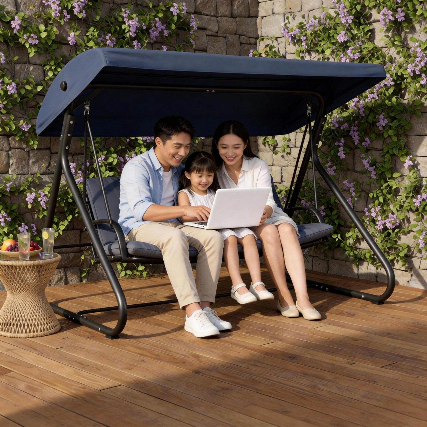 GarveeLife 3-Seat Outdoor Swing Glider with Canopy, Converts to Flat Bed, Adjustable Shade, Removable Cushions, Heavy-Duty Steel Frame, 750 lbs Capacity, for Patio, Backyard, Porch or Garden, Blue