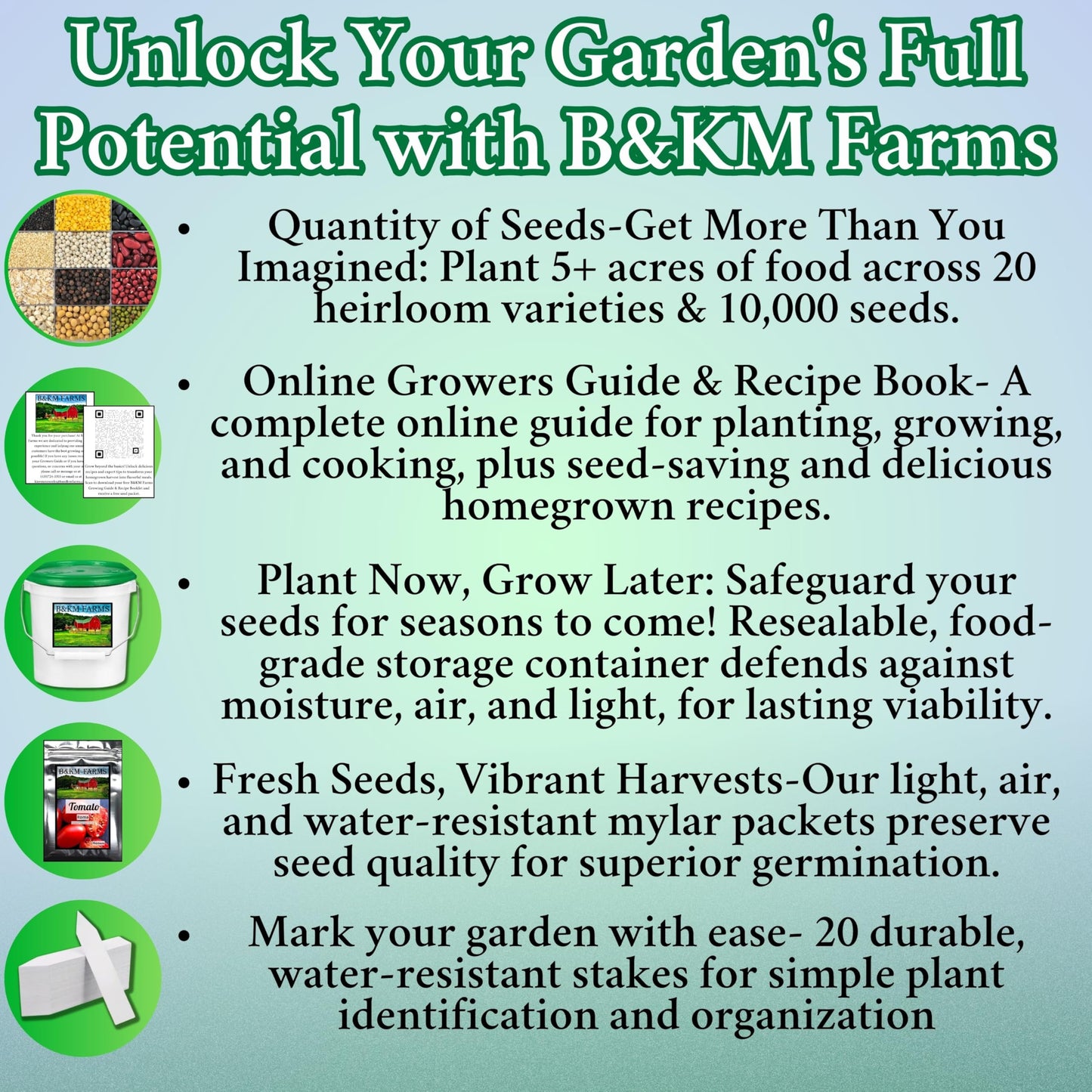 B&KM Farms 10,000 Non GMO Heirloom Vegetable Seeds for Planting Vegetables and Fruits (20 Variety Pack) - Gardening Seed Starter Kit, Survival Gear Food, Gardening Gifts, Prepper Supplies