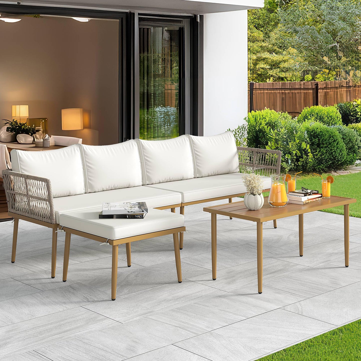 YITAHOME Patio Furniture Set, 6 Pieces Outdoor Rattan Woven Sectional Sofa Patio Loveseat with Ottoman and and Side Table, Conversation Set for Backyard, Porch, Boho - Beige