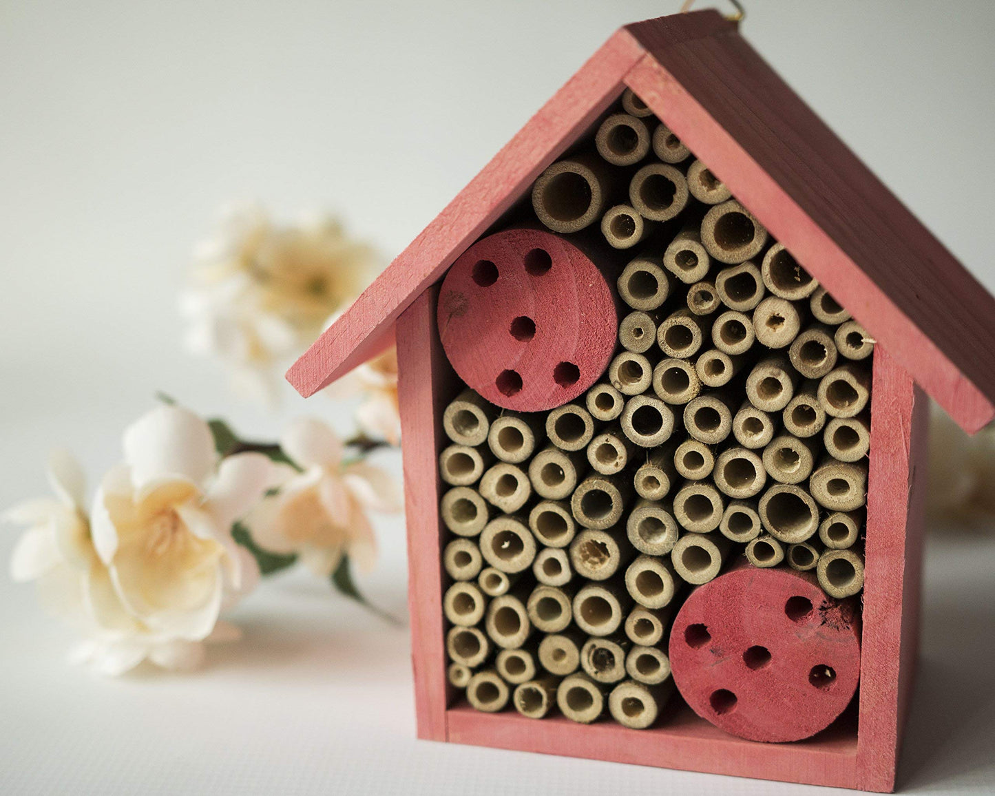 Cestari Mason Bee House Bamboo Tube Solitary Bee Hotel – 75 FSC‑Wood & Bamboo Tubes, 8 × 7.5 × 5 in, Rose Pink