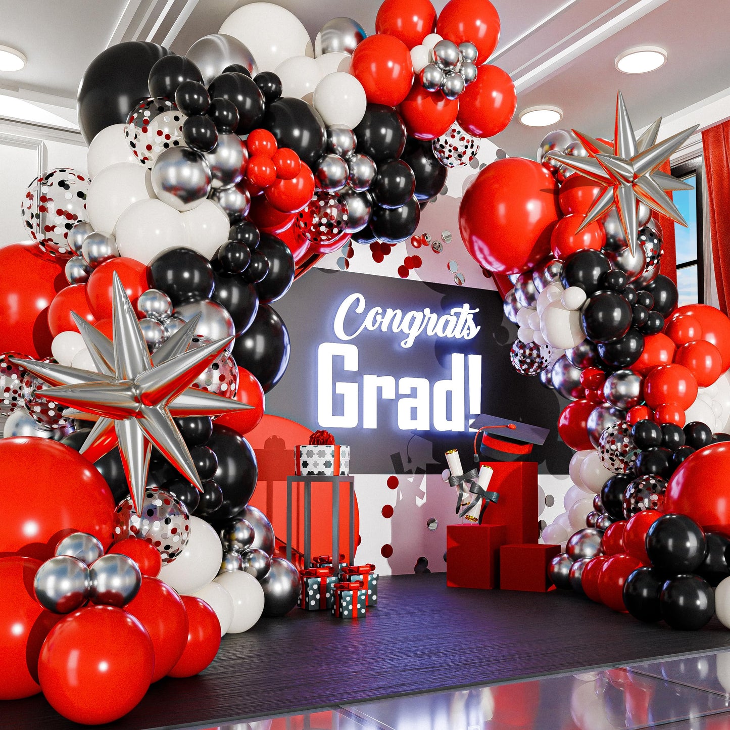ALL-IN-1 Red Black and White Balloon Arch Kit for Red and Black Birthday Party Decorations – Reds and Blacks Balloons for White Black and Red Balloon Garland Kit – Graduation Black and Red Balloons