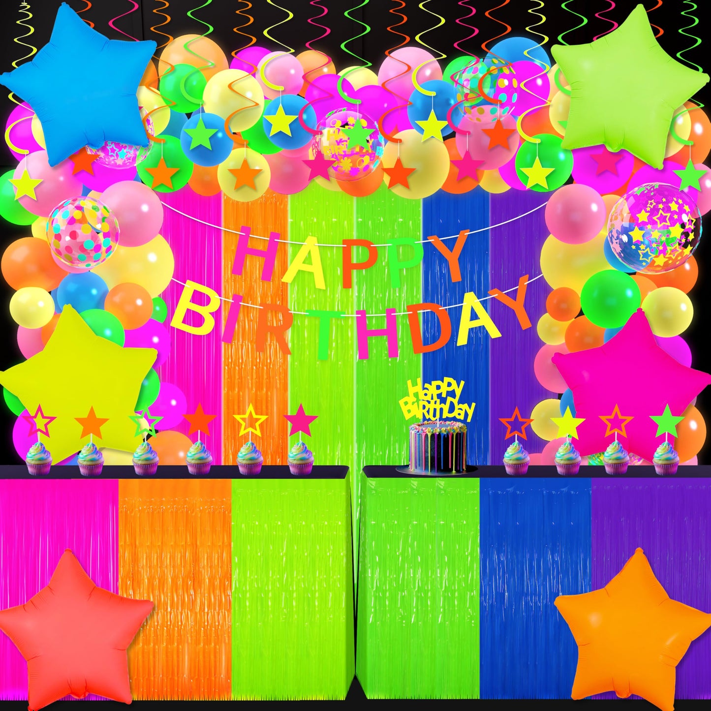 Glow in The Dark Party Supplies Kit - Neon Birthday Decorations with Balloon Garland Arch, Fluorescent Tinsel Curtains, Star Swirls, Cake Toppers & Table Skirt (100+ Pieces)