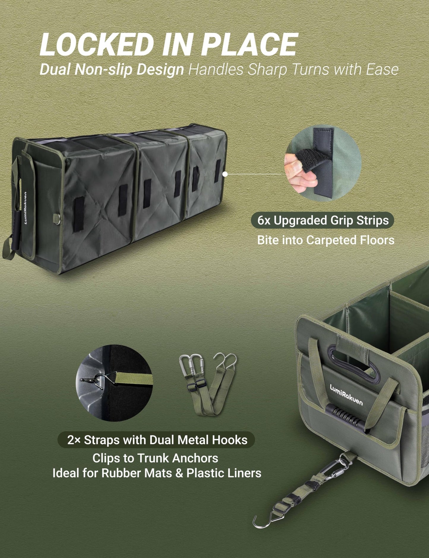 LumiRakuen Heavy Duty Trunk Organizer with Lid for Car SUV-1680D Water-Resistant Fabric &3.5mm PP Skeleton,Collapsible Cargo Storage Box with No Sliding Metal Hooks,Fits Tesla,Truck,Sedan (XL Green